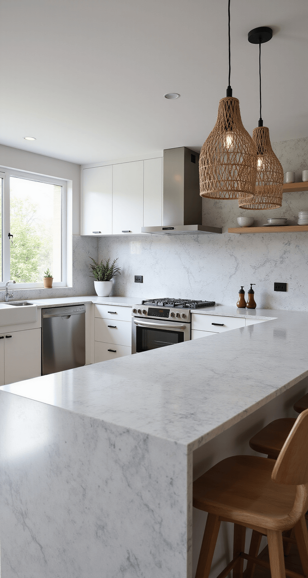 Modular Kitchen Cabinets: The Ultimate Guide to Transforming Your Cooking Space with Style and Efficiency Modern modular kitchen interior with sleek white cabinets, matte black hardware, and a large island featuring a marble-patterned quartz countertop. The bright space is illuminated by morning sunlight through floor-to-ceiling windows, highlighting stainless steel appliances and minimalist decor. Woven pendant lights and natural wood bar stools add warmth to the light gray and matte black color palette.