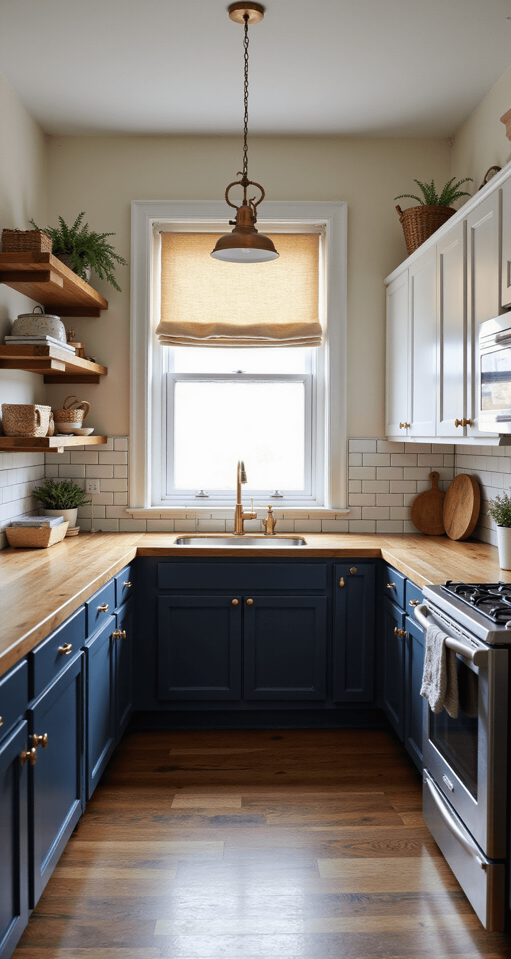 Modular Kitchen Cabinets: The Ultimate Guide to Transforming Your Cooking Space with Style and Efficiency Cozy kitchen renovation featuring two-tone cabinets in navy and white, brass hardware, butcher block countertops, and vintage-inspired pendant light, illuminated by warm golden hour sunlight through Roman shades, with clever storage solutions and a small peninsula with breakfast bar.