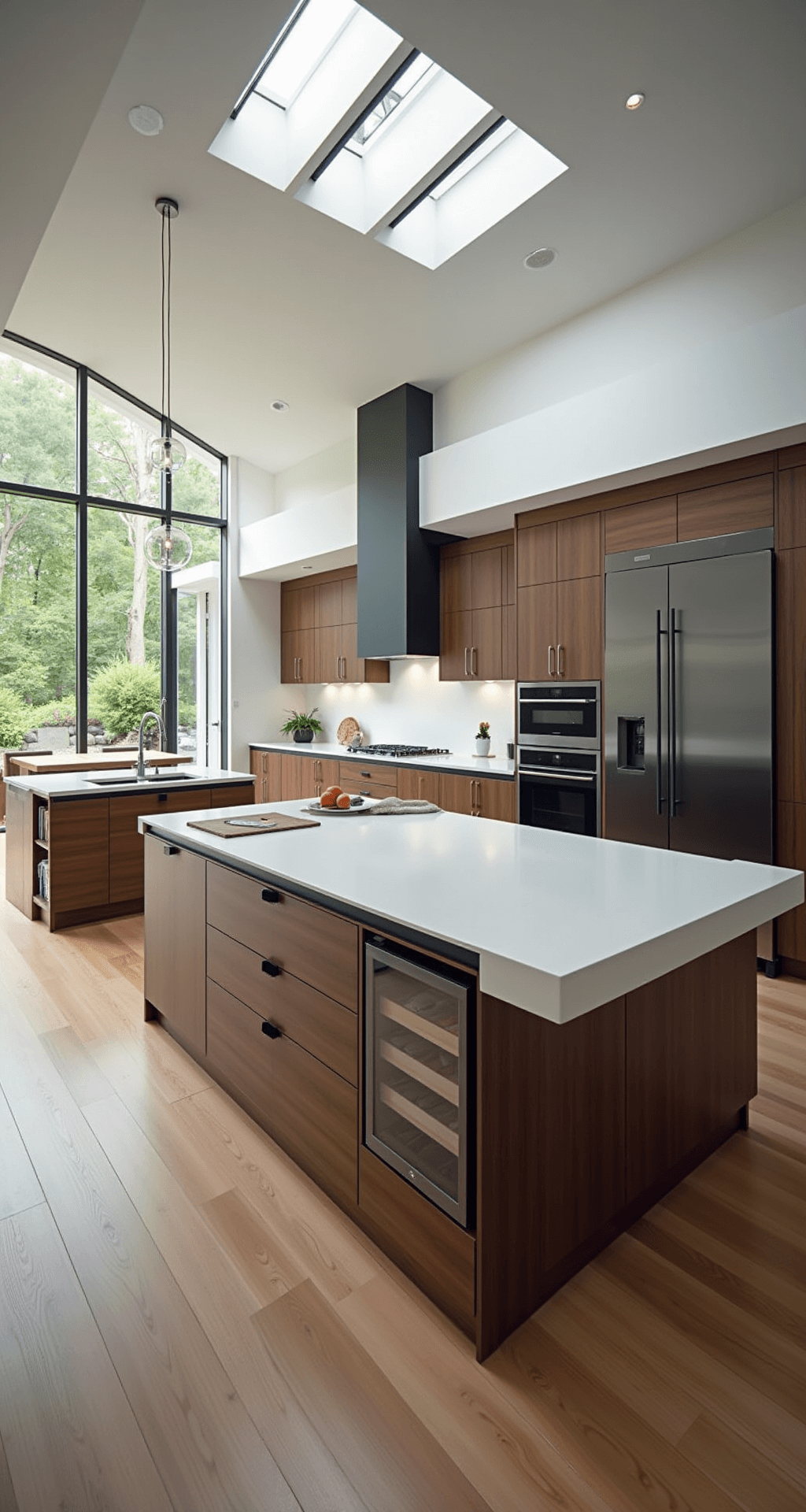 Modular Kitchen Cabinets: The Ultimate Guide to Transforming Your Cooking Space with Style and Efficiency Luxury modern kitchen with an open-concept design, featuring rich walnut cabinets, a massive white Corian island, and professional-grade graphite appliances, illuminated by diffused afternoon light from skylights and accented with glass pendants and abstract art.