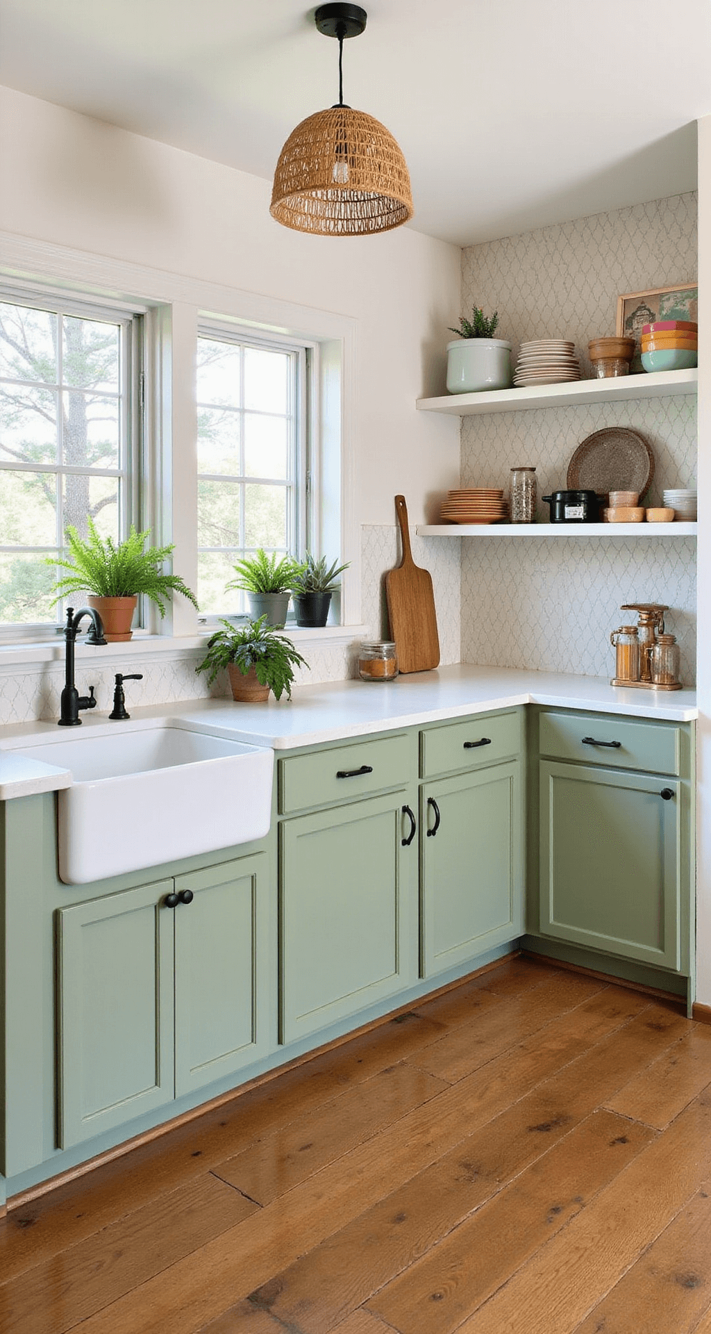 Modular Kitchen Cabinets: The Ultimate Guide to Transforming Your Cooking Space with Style and Efficiency A cozy budget-friendly kitchen featuring sage green IKEA METOD cabinets, white countertops, and under-cabinet LED lighting, with colorful cookware on open shelves, vintage-inspired accessories, and a rattan light fixture, all set against a geometric patterned backsplash and vinyl plank flooring.