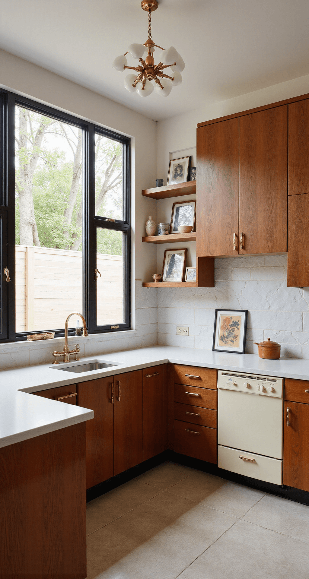 Modular Kitchen Cabinets: The Ultimate Guide to Transforming Your Cooking Space with Style and Efficiency A mid-century modern kitchen featuring walnut-finish modular cabinets, white quartz countertops, and geometric tile backsplash, illuminated by afternoon sunlight. Vintage-style cream appliances complement the warm wood and brass accents, with a statement chandelier and artwork adding character to the 12x14ft space.