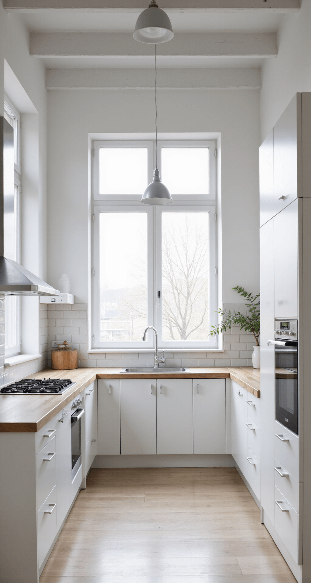 Modular Kitchen Cabinets: The Ultimate Guide to Transforming Your Cooking Space with Style and Efficiency A bright Scandinavian minimalist kitchen featuring white modular cabinets, pale wood countertops, and a white subway tile backsplash, illuminated by diffused natural light from frosted windows through exposed beams.