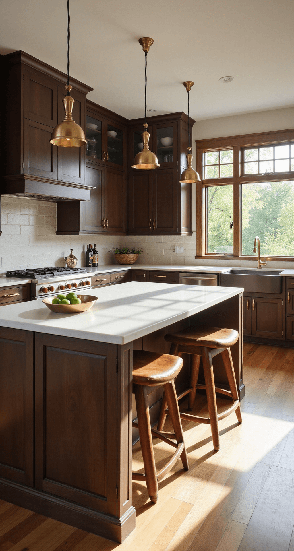 Brown Kitchen Cabinets: Warm, Versatile Design Magic for Your Home A contemporary kitchen featuring espresso-brown cabinets, Pure White quartz countertops, a center island with leather barstools, and aged brass pendant lights, all illuminated by warm morning light through floor-to-ceiling windows.