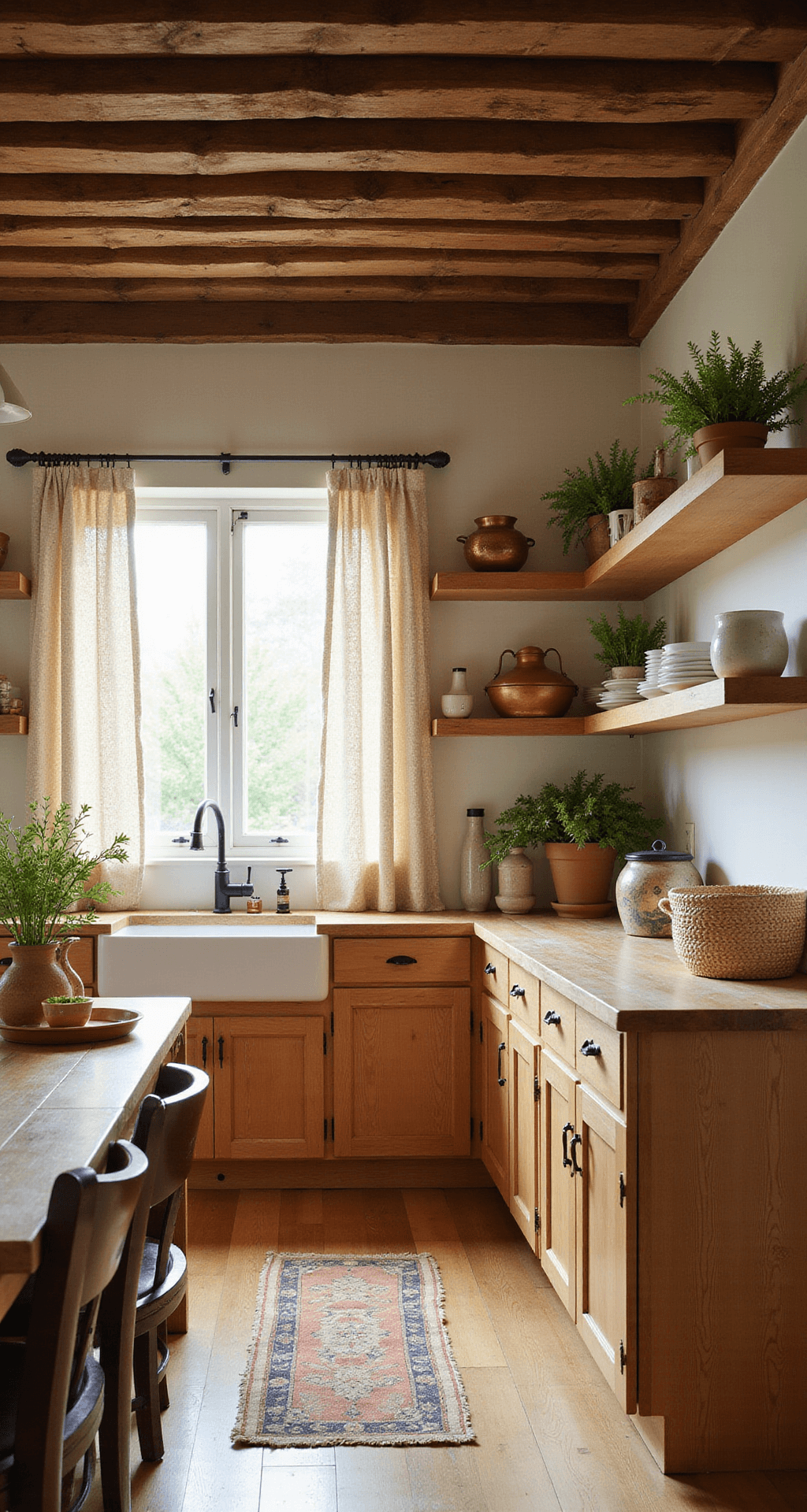 Brown Kitchen Cabinets: Warm, Versatile Design Magic for Your Home A cozy farmhouse-style kitchen with exposed wooden beams, featuring honey-brown Shaker cabinets, a white farmhouse sink, and butcher block counters. Warm golden hour light filters through cafe curtains, illuminating open shelving filled with vintage pottery and copper cookware. The scene captures natural materials like woven baskets, linen textiles, and terracotta pots with fresh herbs, all within a warm color palette of wheat, cream, and terra cotta.