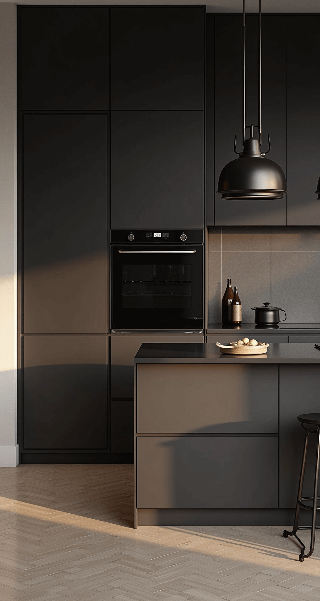Brown Kitchen Cabinets: Warm, Versatile Design Magic for Your Home Modern minimalist kitchen featuring deep chocolate brown flat-panel cabinets, matte black countertops, and industrial-style pendant lights, with cool morning light and dramatic shadows in a 14x16ft space.