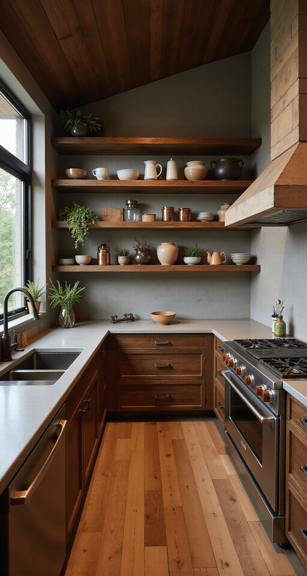 Brown Kitchen Cabinets: Warm, Versatile Design Magic for Your Home A rustic-modern kitchen featuring distressed brown cabinets, concrete countertops, and open shelving with vintage and modern ceramics. The space has wide-plank flooring and a vaulted ceiling, illuminated by dusk lighting for an intimate atmosphere. Mixed metal fixtures in copper and bronze complement an earth-tone palette with green accents from potted herbs, captured at standing height for architectural emphasis.