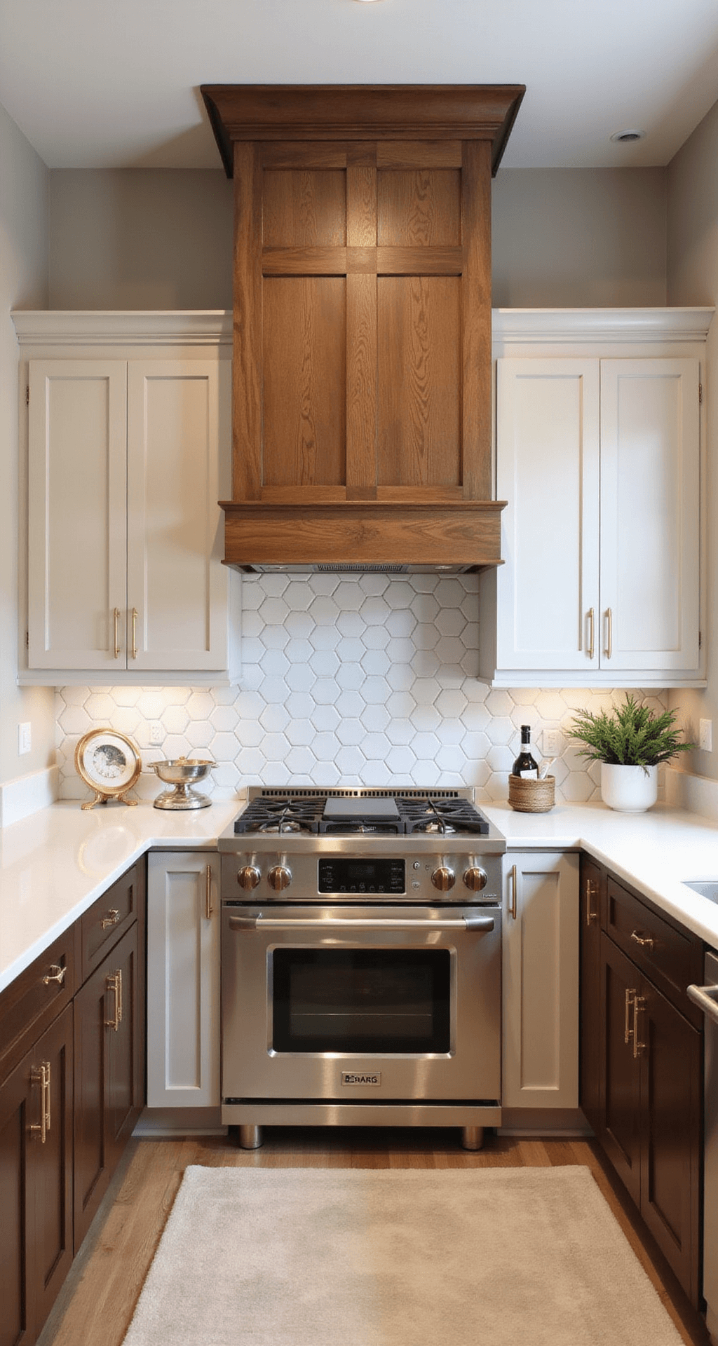 Brown Kitchen Cabinets: Warm, Versatile Design Magic for Your Home A contemporary 10x14ft galley kitchen featuring two-tone brown cabinets, a light taupe upper and rich walnut lower, with a matching wood hood vent, white hexagon tile backsplash, brushed gold hardware, and mid-day indirect lighting creating a warm and inviting atmosphere. The shot emphasizes symmetry and linear perspective.