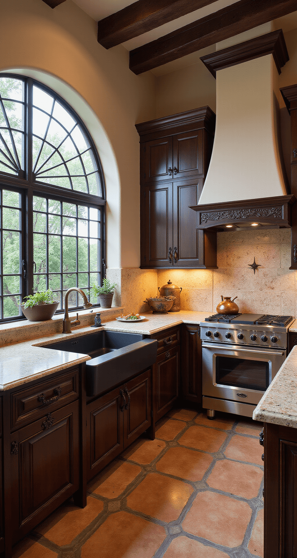 Brown Kitchen Cabinets: Warm, Versatile Design Magic for Your Home A corner view of a Mediterranean-inspired kitchen featuring dark brown carved wood cabinets, tumbled cream stone backsplash, and terra cotta tile flooring, illuminated by late morning light through wrought iron windows, with vintage copper pots and ceramic vessels enhancing the warm earth-tone palette accented by deep blues.