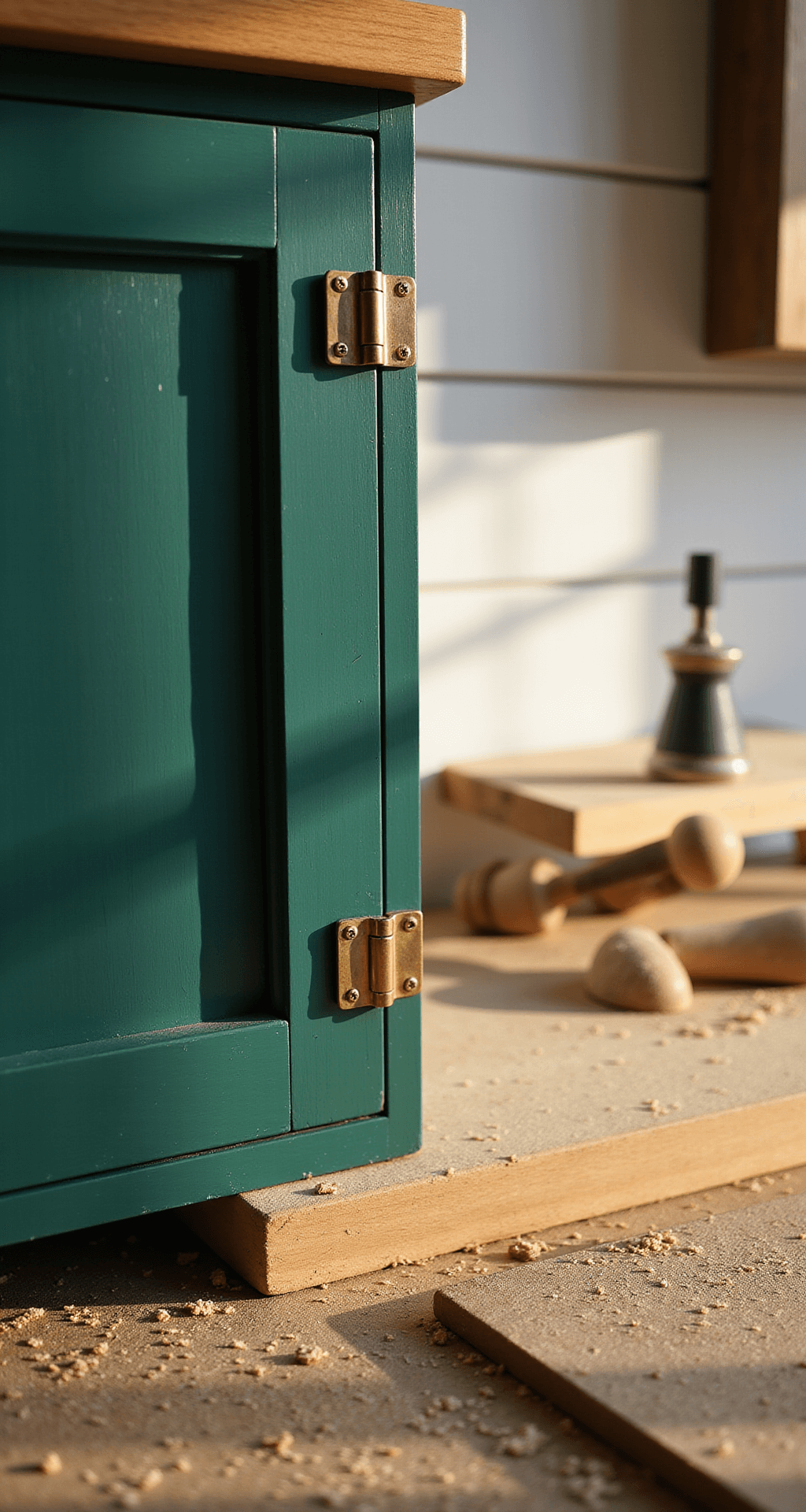 DIY Kitchen Cabinets in 2025: Transform Your Space Without Breaking the Bank Close-up detail of a handcrafted cabinet showcasing rich forest green painted door frame against a white shiplap wall, illuminated by afternoon light that highlights dovetail joints and premium brass hinges, with woodworking tools arranged on a butcher block counter and sawdust creating a golden hour haze.