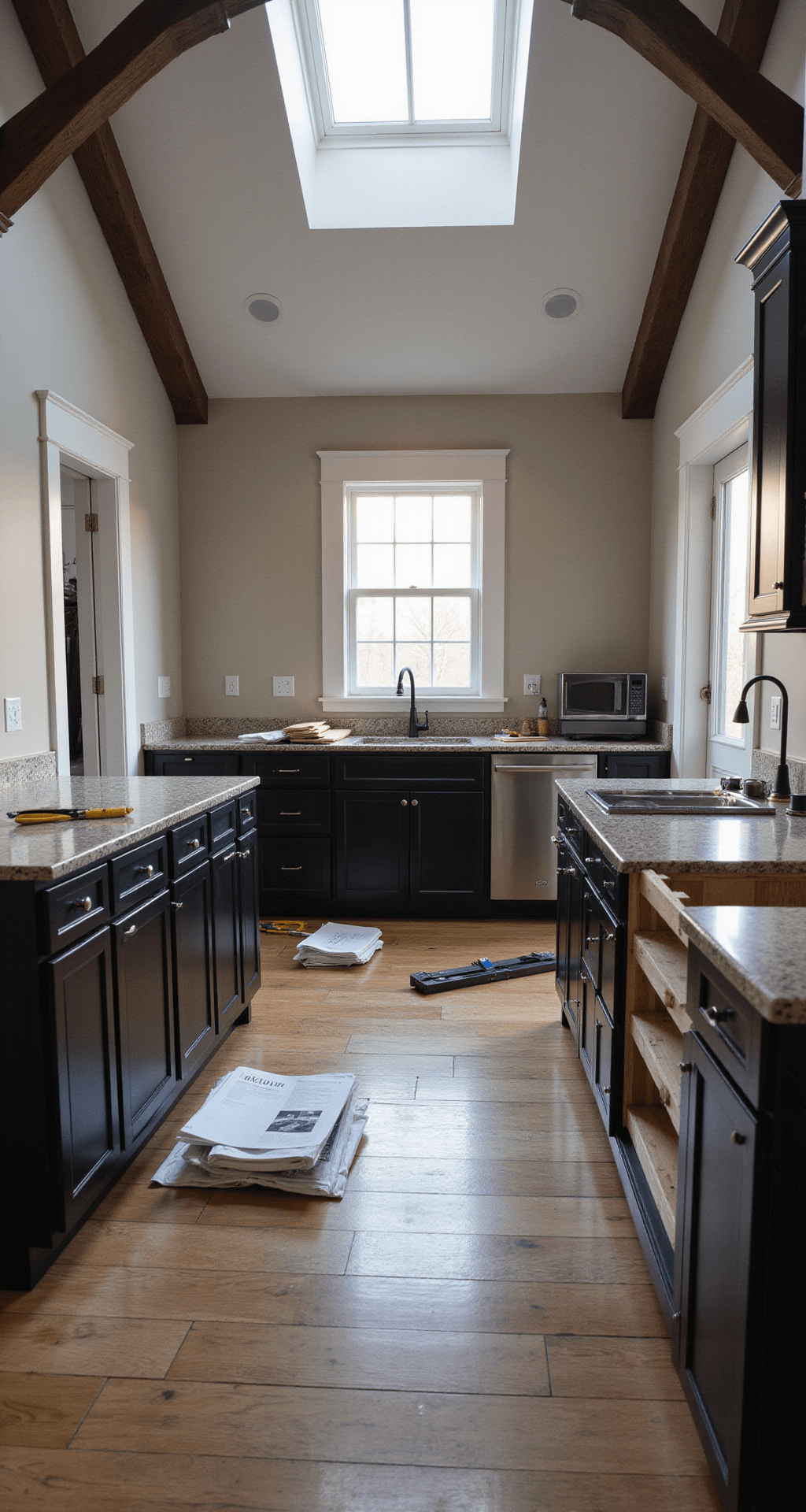 DIY Kitchen Cabinets in 2025: Transform Your Space Without Breaking the Bank A wide shot of a transitional 12x15ft kitchen with cathedral ceilings and exposed beams, showcasing an RTA cabinet assembly in progress under soft morning light from a skylight. Matte black cabinet components are neatly arranged on a protected hardwood floor, accompanied by tools and an instruction manual, all captured from a 6ft height to portray the complete workflow.