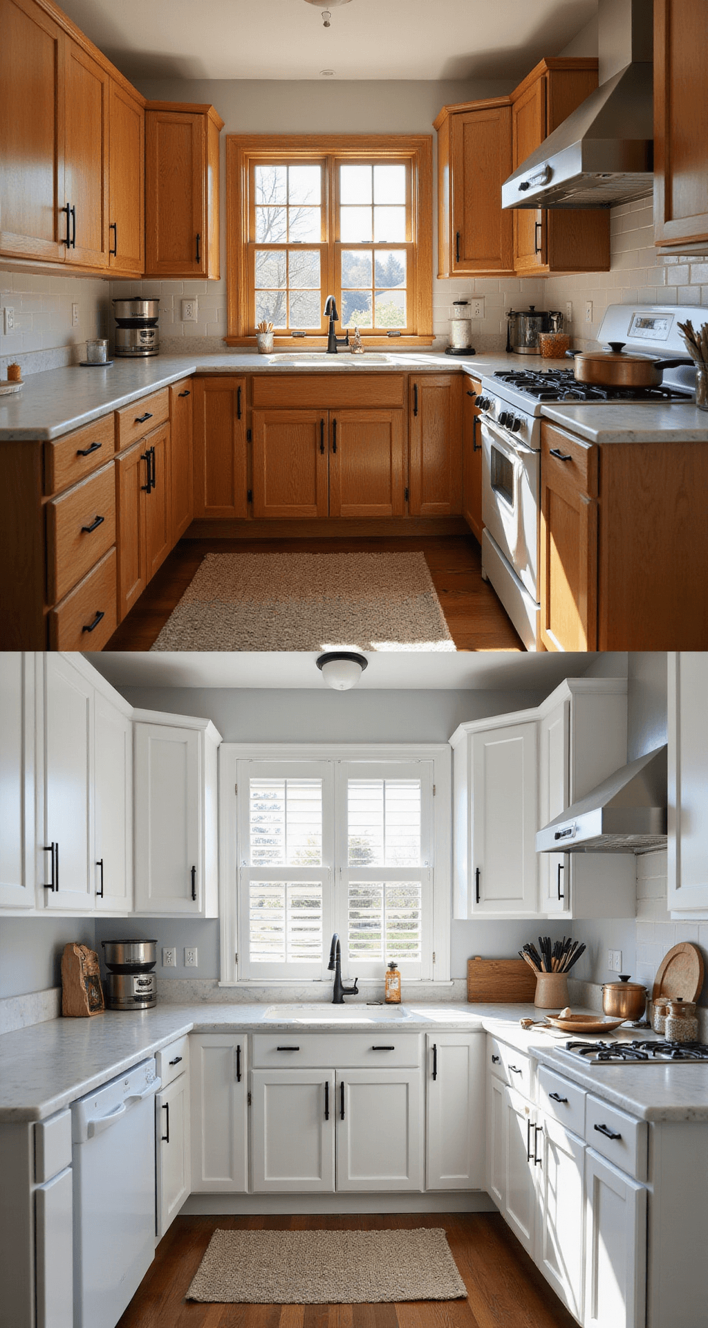 DIY Kitchen Cabinets in 2025: Transform Your Space Without Breaking the Bank Split screen image showcasing a dramatic transformation of dated oak cabinets refinished in matte white, highlighted by golden hour sunlight through plantation shutters. The new minimalist matte black hardware provides contrast, accompanied by marble accessories and copper cookware, all captured from a straight-on perspective at counter height.