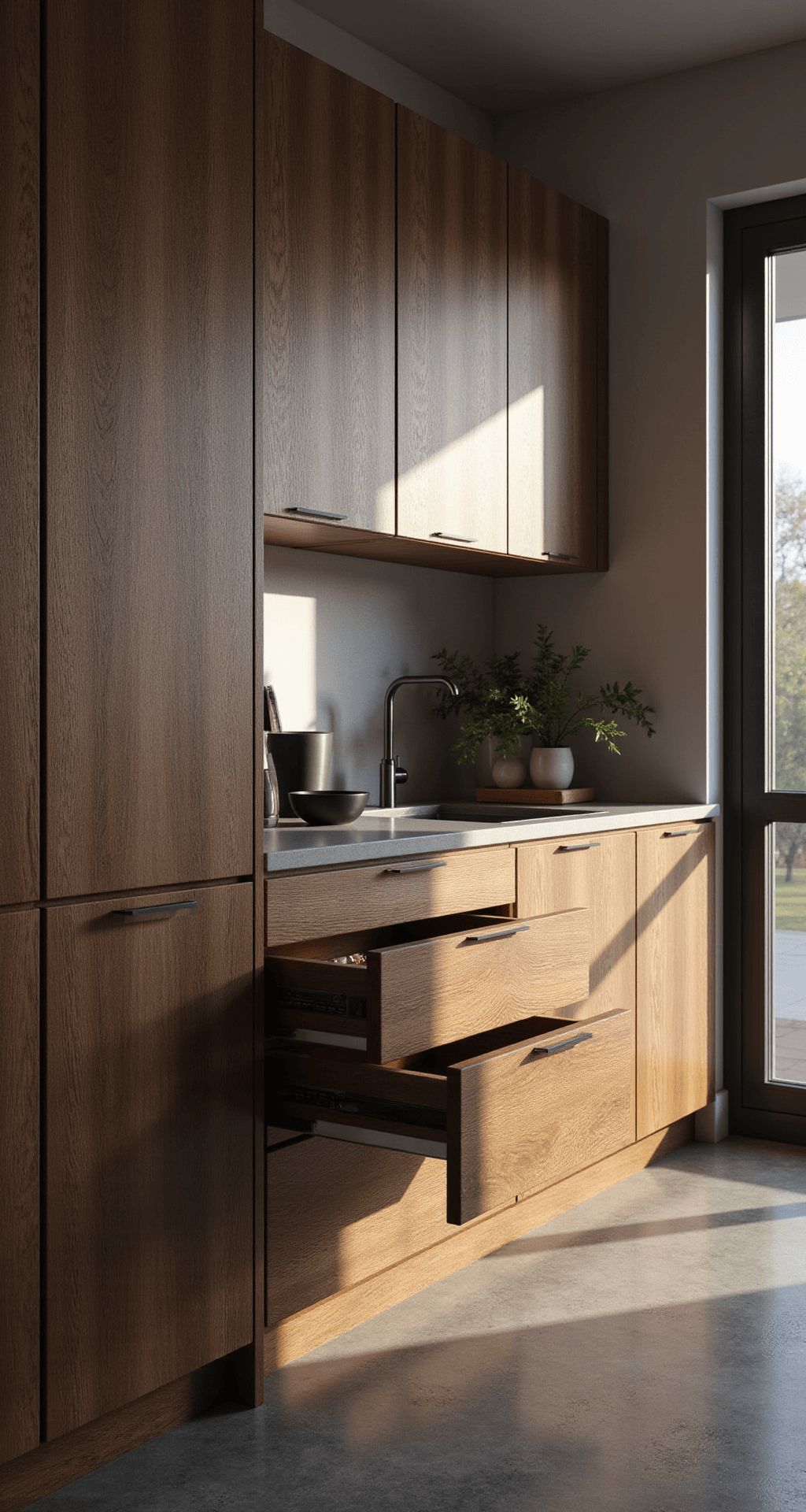 DIY Kitchen Cabinets in 2025: Transform Your Space Without Breaking the Bank Modern kitchen vignette featuring floor-to-ceiling walnut cabinets with integrated handles, showcasing soft-close drawers in atmospheric afternoon light, styled with contemporary ceramics and minimalist decor, captured from a slight elevation with dramatic side lighting.