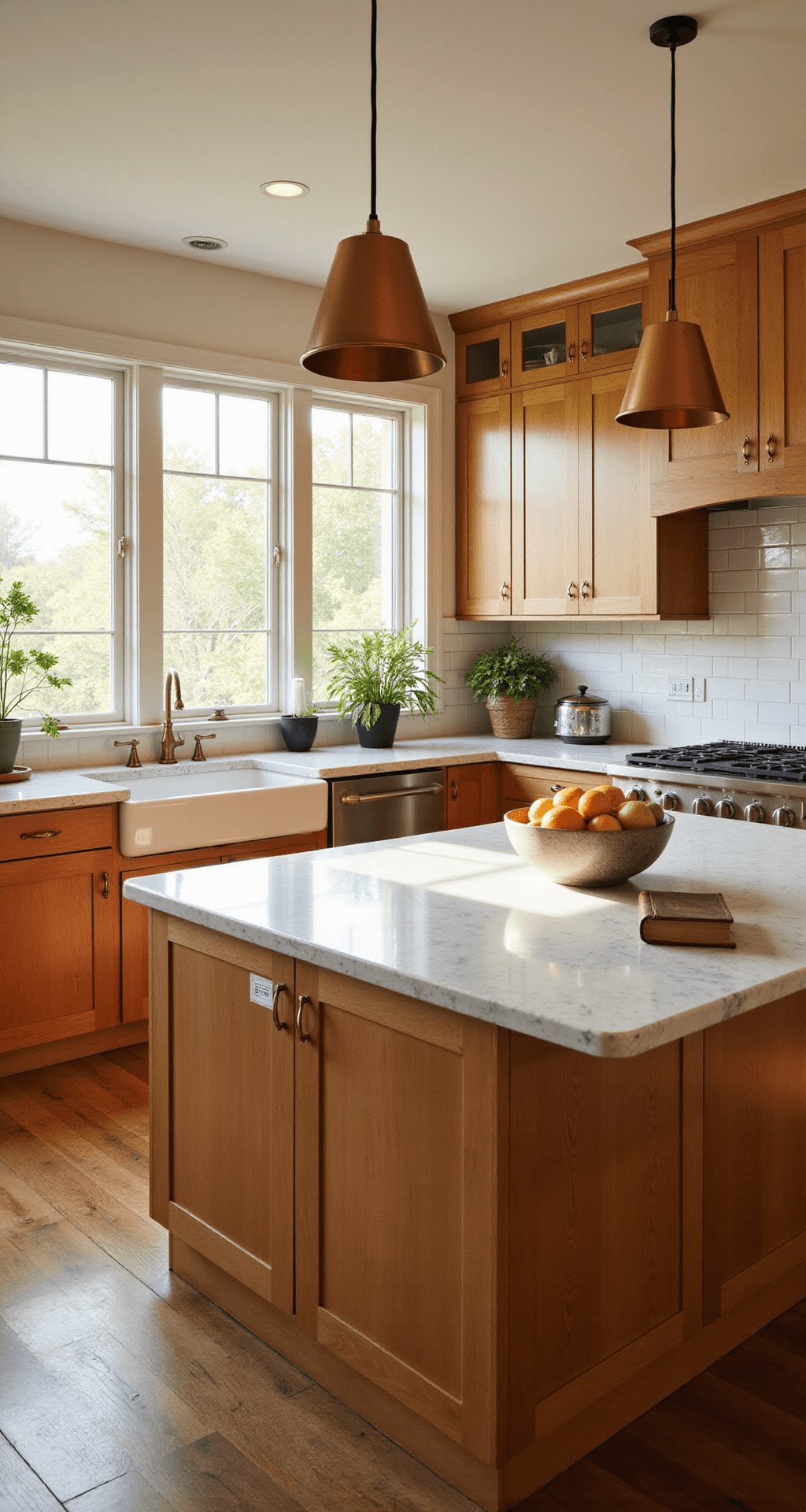 Wood Kitchen Cabinets: Your Ultimate Guide to Timeless Kitchen Design A bright and inviting kitchen featuring honey-toned Shaker cabinets, a cream quartzite center island, vintage copper pendant lights, and a warm ambiance created by natural light, with hardwood floors and stylish decor elements like a ceramic bowl of citrus and potted herbs.