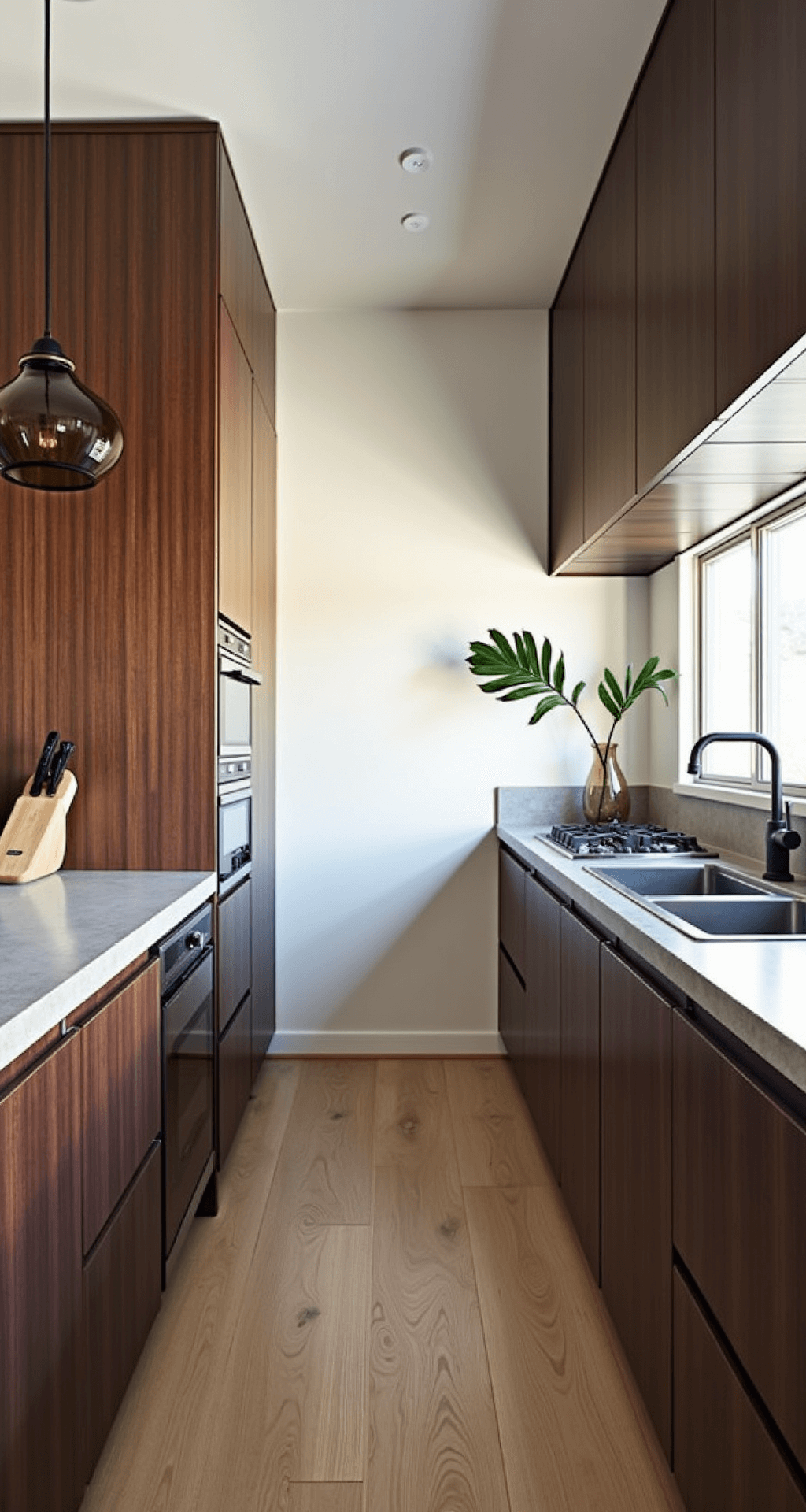 Wood Kitchen Cabinets: Your Ultimate Guide to Timeless Kitchen Design Intimate galley kitchen featuring walnut cabinets, concrete countertops, and smoky glass pendant lights, styled with ceramics and a monstera leaf, captured at golden hour.