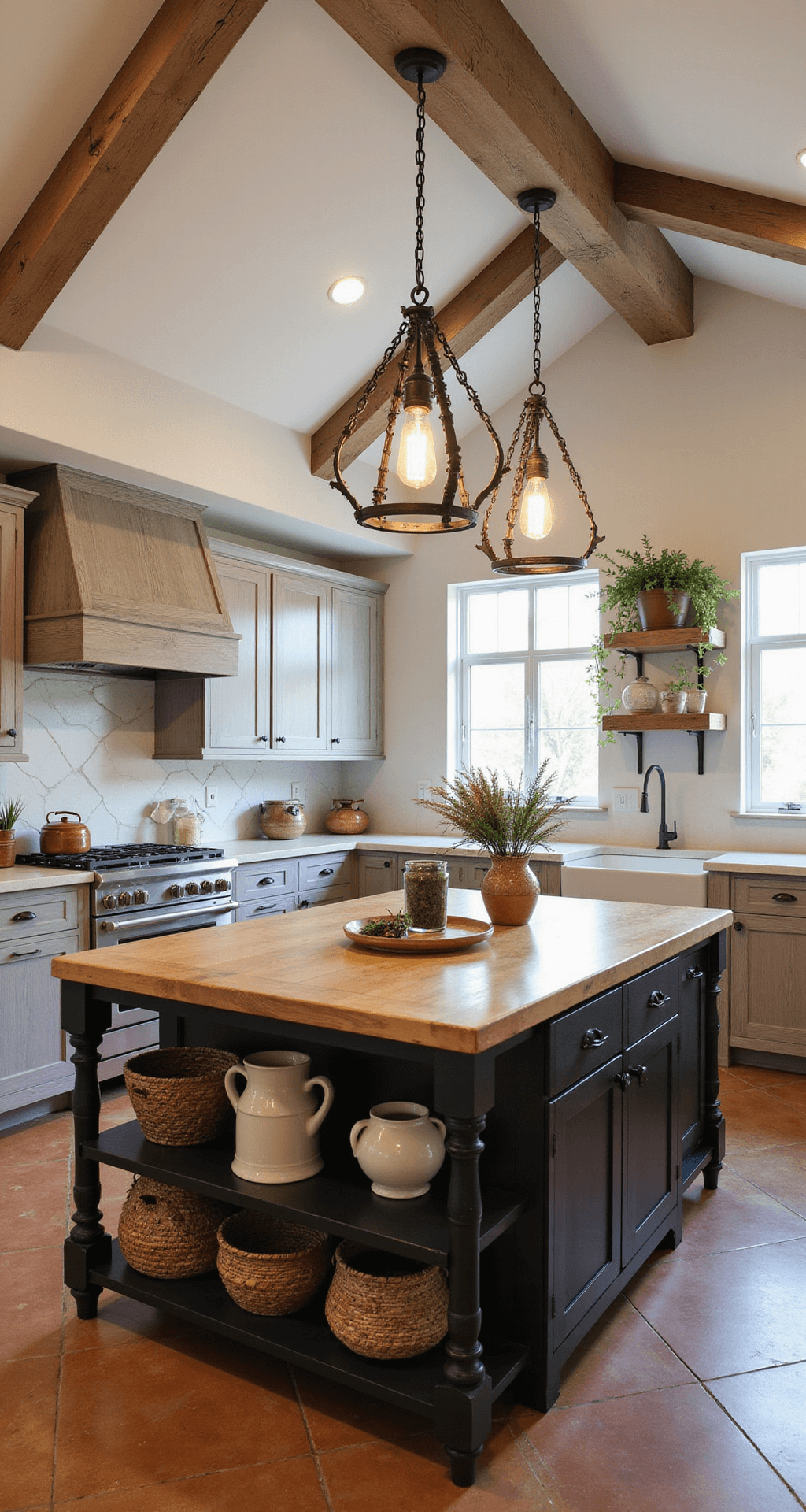 Wood Kitchen Cabinets: Your Ultimate Guide to Timeless Kitchen Design A spacious open-concept kitchen with a cathedral ceiling and rustic oak cabinets, featuring a black island with a butcher block top, terracotta floor tiles, cream stone counters, and vintage Edison bulb lighting. Decorated with woven baskets and dried herbs.
