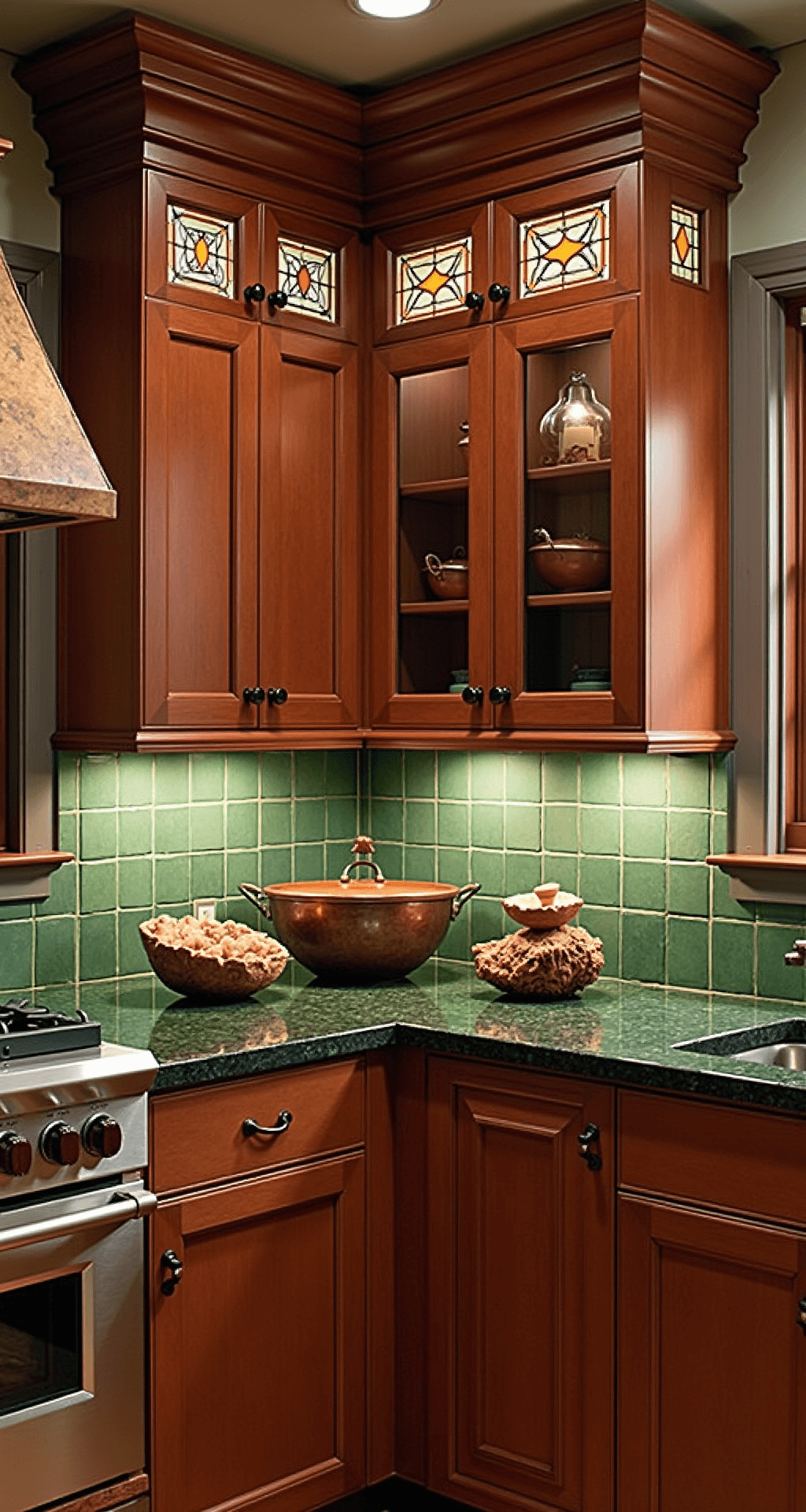 Wood Kitchen Cabinets: Your Ultimate Guide to Timeless Kitchen Design A cozy kitchen with deep auburn cherry cabinets featuring Craftsman-style details, illuminated by moody dusk light. The image captures crown molding and backlit leaded glass cabinet doors, showcasing artisan craftsmanship. The kitchen includes verde granite counters, oil-rubbed bronze hardware, a forest green ceramic tile backsplash, hammered copper cookware, carved wooden bowls, and glowing pendant lights.