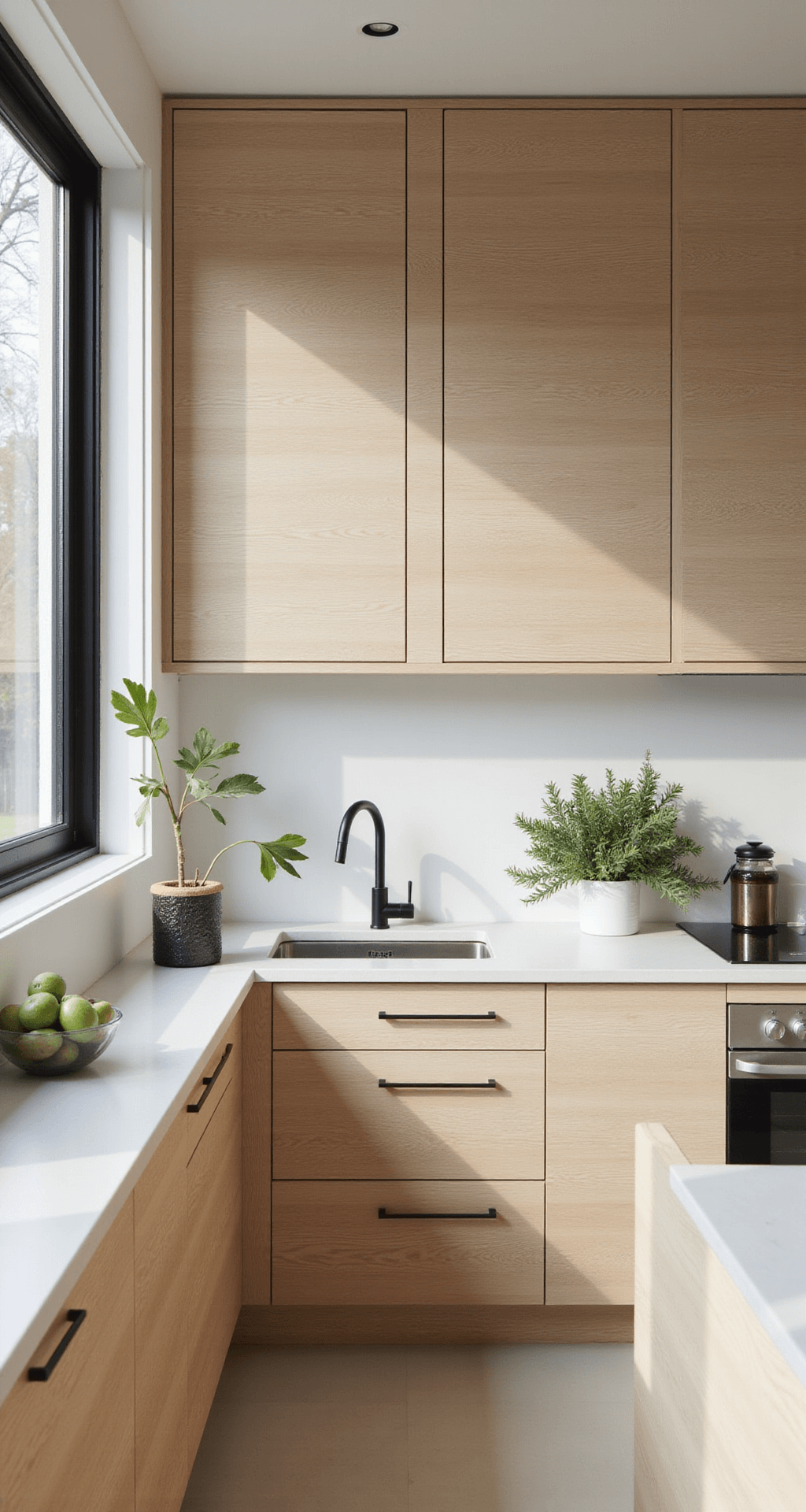 Wood Kitchen Cabinets: Your Ultimate Guide to Timeless Kitchen Design Modern kitchen featuring rift-cut white oak cabinets, floor-to-ceiling windows, white quartz counters, and polished chrome fixtures, illuminated by bright afternoon light.