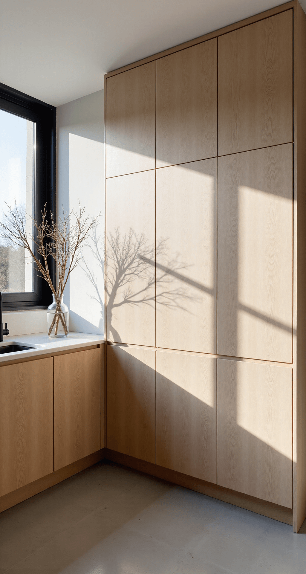 Natural Wood Kitchen Cabinets: The Ultimate Style Guide for Warm, Timeless Interiors A serene Scandinavian minimalist kitchen featuring blonde maple cabinets, white quartz countertops, and pale grey concrete floors, illuminated by late afternoon light through steel-framed windows, with matte black accessories and clear glass vases.