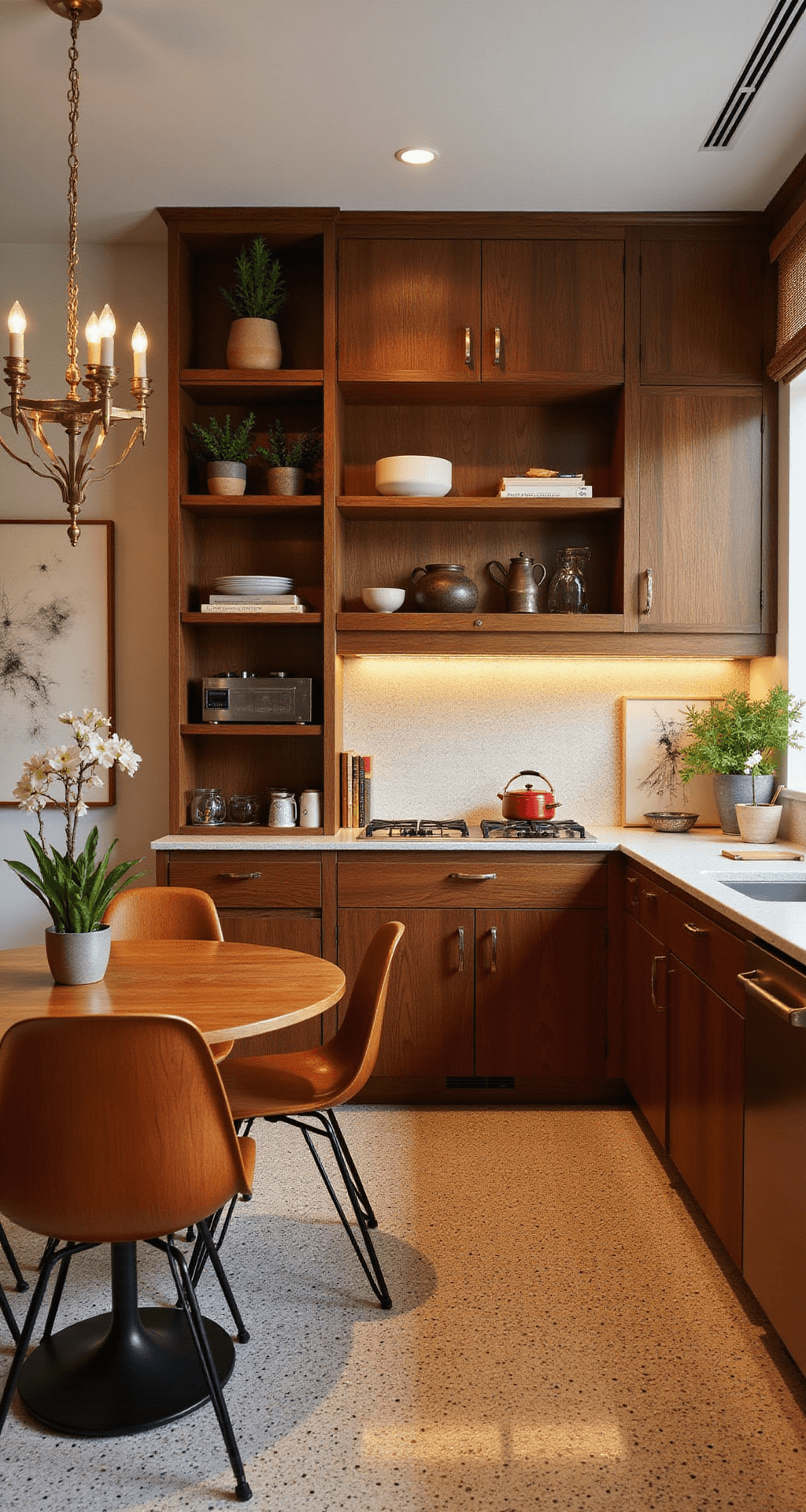 Natural Wood Kitchen Cabinets: The Ultimate Style Guide for Warm, Timeless Interiors L-shaped mid-century kitchen with walnut cabinetry, terrazzo flooring, Saarinen table, Eames chairs, and vintage decor, captured in golden hour lighting for a sophisticated and nostalgic ambiance.