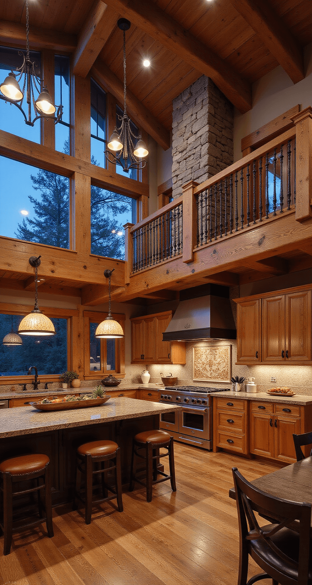 Natural Wood Kitchen Cabinets: The Ultimate Style Guide for Warm, Timeless Interiors A double-height rustic kitchen featuring exposed timber framing, cherry wood cabinets, and a stone accent wall with a copper range hood, illuminated by dusk lighting from clerestory windows. The scene includes leather barstools, wide plank reclaimed floors, vintage copper cookware, and dried herbs, captured from a mezzanine level for a dramatic perspective. Warm practical lighting enhances the cozy atmosphere.