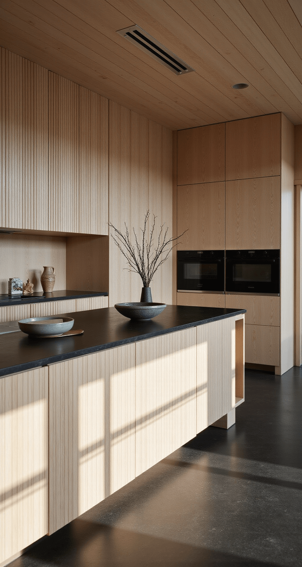 Natural Wood Kitchen Cabinets: The Ultimate Style Guide for Warm, Timeless Interiors Intimate minimalistic kitchen with white oak cabinets, slatted fronts, and a floating island, featuring black stone counters and serene dawn light creating soft shadows, complemented by a single ikebana arrangement and handmade ceramics.