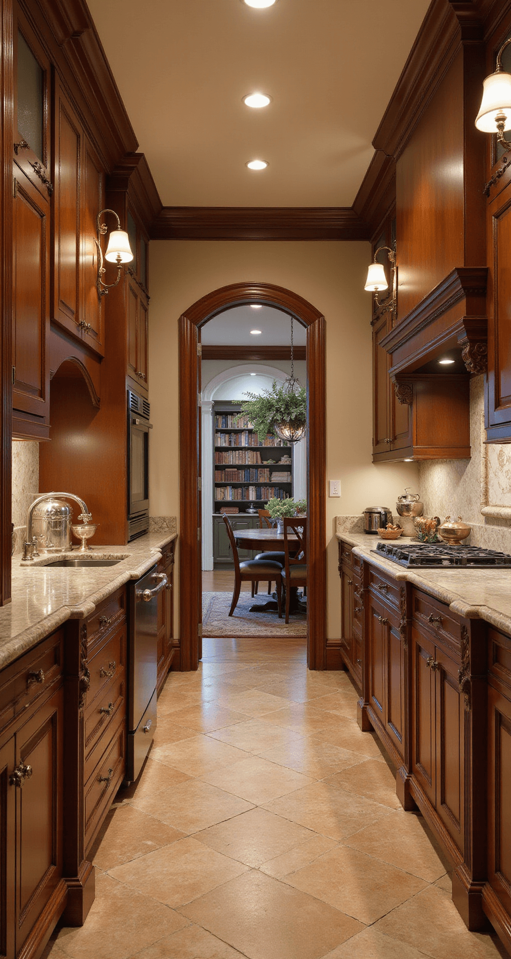 Natural Wood Kitchen Cabinets: The Ultimate Style Guide for Warm, Timeless Interiors Elegant kitchen featuring raised-panel cherry cabinets, antique marble counters, herringbone floors, and a butler's pantry, all illuminated by library sconces, with decorative silver collections and classic cookbooks in a warm ambiance.