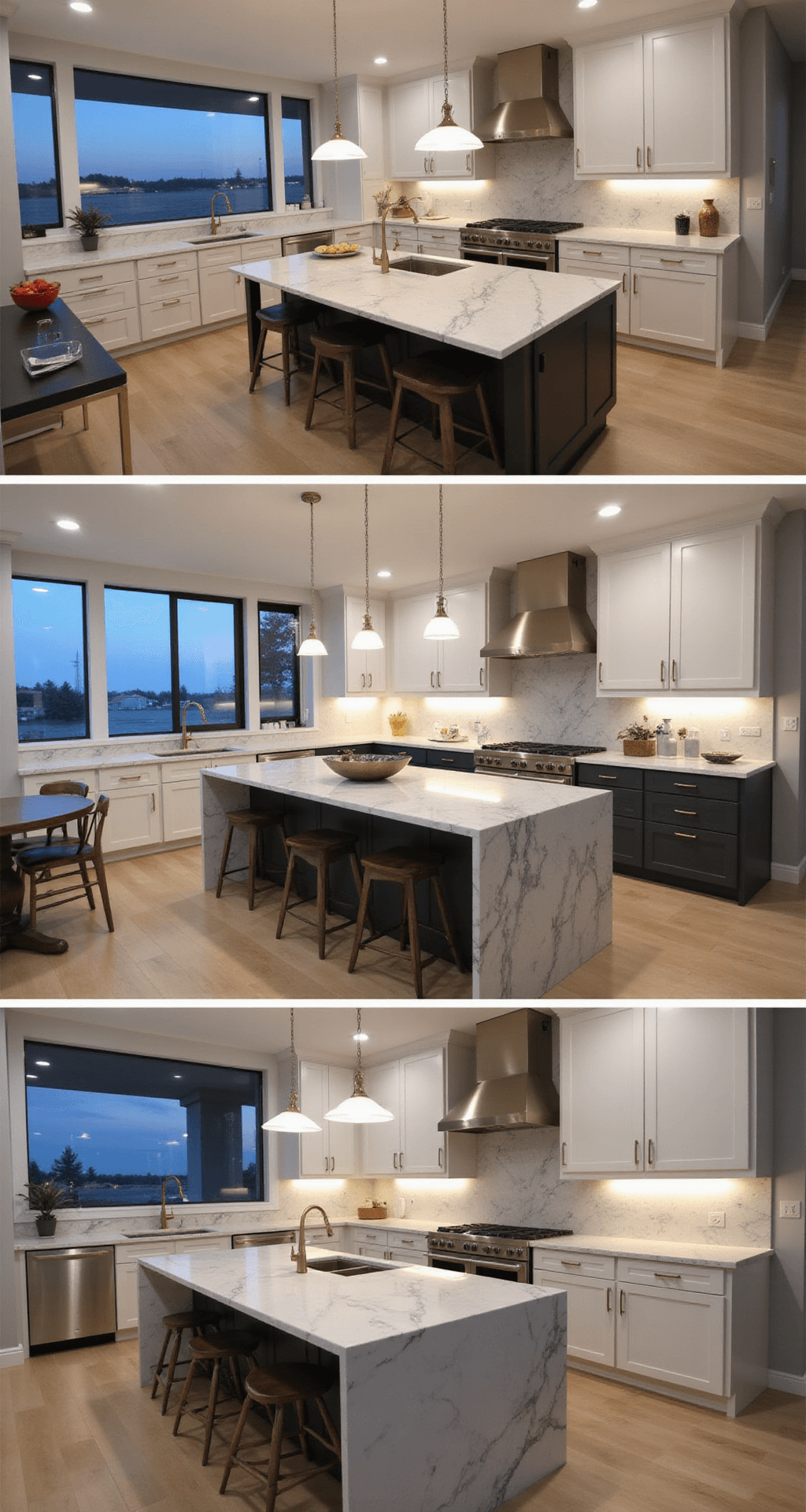 Cream Kitchen Cabinets: Your Ultimate Design Guide to Timeless Elegance Contemporary open-concept kitchen at dusk featuring cream upper cabinets and charcoal lower cabinets, with brass hardware, a waterfall quartz island, and dramatic under-cabinet lighting, shot from an elevated position showcasing the full layout and mixed lighting setup.