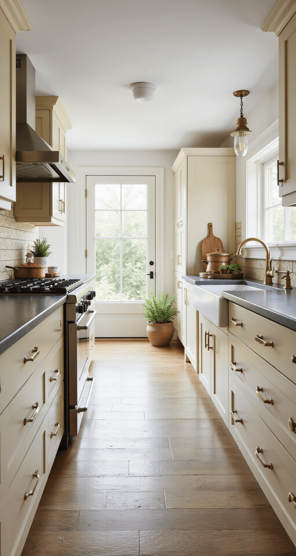 Cream Kitchen Cabinets: Your Ultimate Design Guide to Timeless Elegance A transitional galley kitchen featuring floor-to-ceiling cream cabinets, grey soapstone countertops, and a cream zellige tile backsplash, illuminated by afternoon light. Industrial-style aged brass pendant lights hang above, while a collection of copper cookware and potted herbs add decorative touches. The image captures the kitchen from one end, showcasing its length and highlighting the tile texture with side lighting.