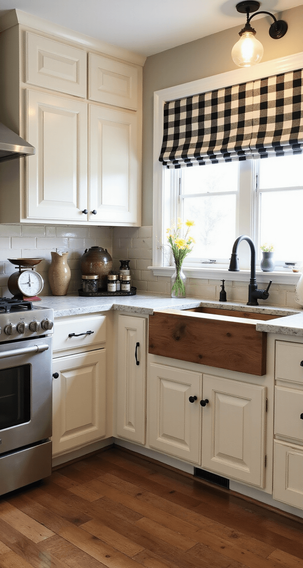Cream Kitchen Cabinets: Your Ultimate Design Guide to Timeless Elegance L-shaped farmhouse kitchen with cream raised-panel cabinets and coffee glaze, featuring mixed butcher block and marble countertops, buffalo check roman shades, vintage scales, pottery collection, and fresh market flowers, illuminated by natural morning light and warm artificial lighting.