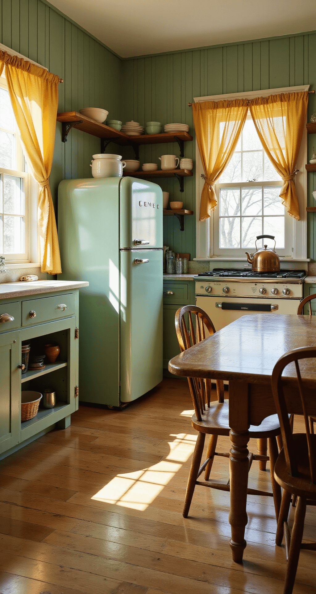 Grandmacore Kitchen: Bringing Nostalgic Warmth to Modern Cooking Spaces A sunlit farmhouse kitchen featuring wide-plank pine floors, sage green beadboard walls, a vintage mint-green Smeg refrigerator, and a weathered oak farmhouse table, with butter-yellow curtains, mismatched wooden chairs, open shelving of milk glass and jadeite dishes, and a gleaming copper kettle on a cream enamel range, all captured from a table height perspective.