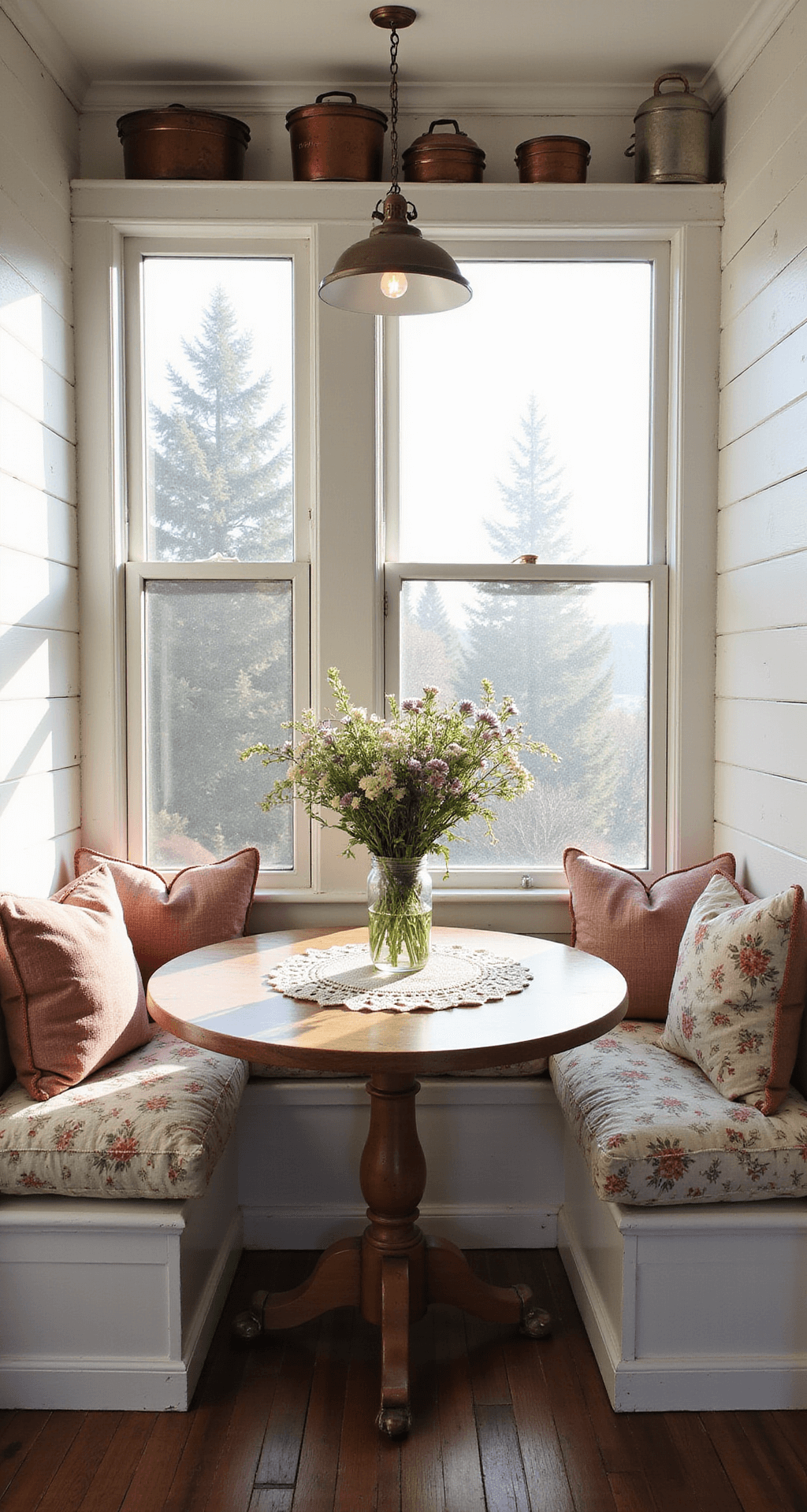 Grandmacore Kitchen: Bringing Nostalgic Warmth to Modern Cooking Spaces A cozy kitchen nook featuring a built-in breakfast bench with floral cushions, a round pedestal table adorned with a crocheted doily and wildflowers, surrounded by whitewashed shiplap walls, vintage pie tins, and copper molds, illuminated by crisp morning sunlight.