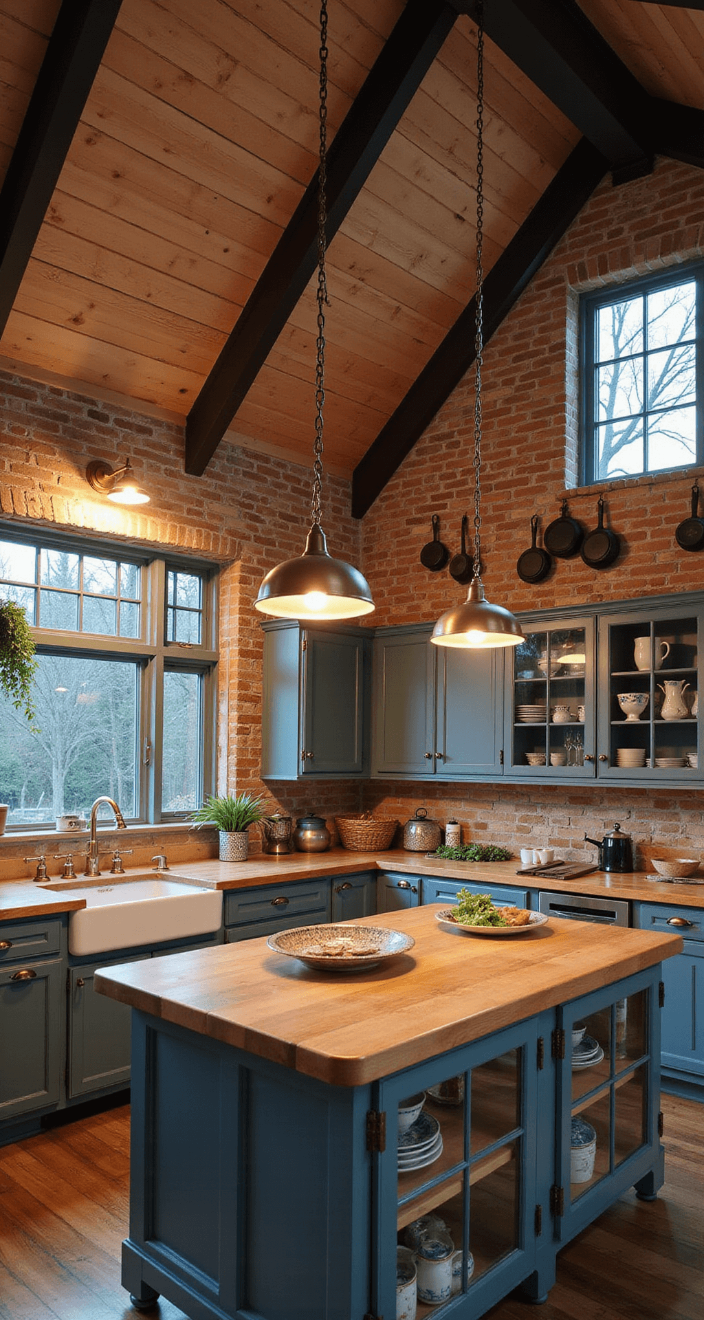 Grandmacore Kitchen: Bringing Nostalgic Warmth to Modern Cooking Spaces A 15x20ft kitchen at dusk featuring cathedral ceilings with warm pendant lights illuminating a central butcher block island, glass-front cabinets displaying blue and white china, a farmhouse sink with aged brass fixtures, drying herbs from ceiling racks, and cast iron cookware on exposed brick walls.