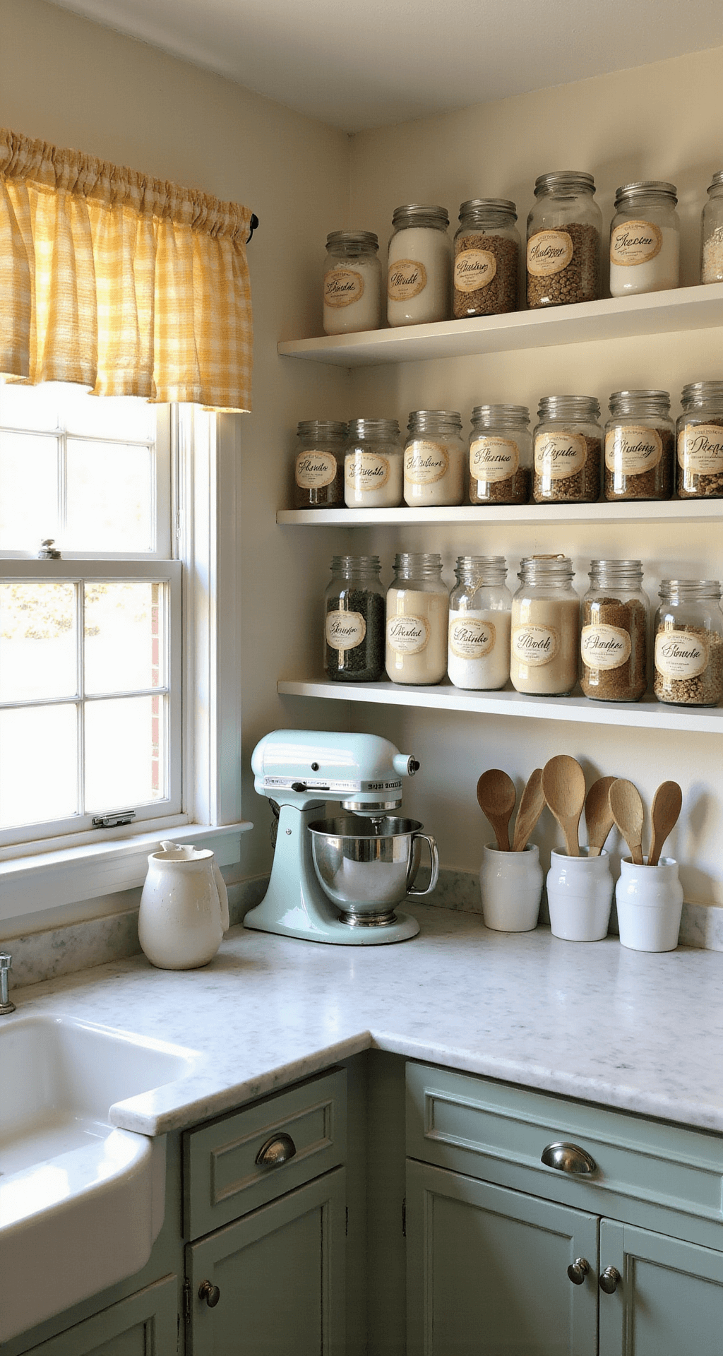 Grandmacore Kitchen: Bringing Nostalgic Warmth to Modern Cooking Spaces A cozy kitchen corner featuring open shelving with vintage mason jars, a 1950s mixer on marble countertops, and pale yellow gingham curtains framing a window above a porcelain sink. The scene is illuminated by soft northern light, highlighting wooden spoons in crocks and a proving drawer.
