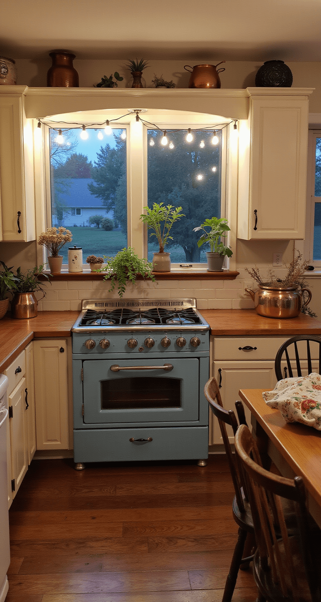 Grandmacore Kitchen: Bringing Nostalgic Warmth to Modern Cooking Spaces An L-shaped kitchen with cream-colored cabinets and a vintage powder blue gas range, featuring a twinkling herb garden by the window, handmade quilted chair backs, and copper pots reflecting warm light, all captured at twilight from an elevated angle.