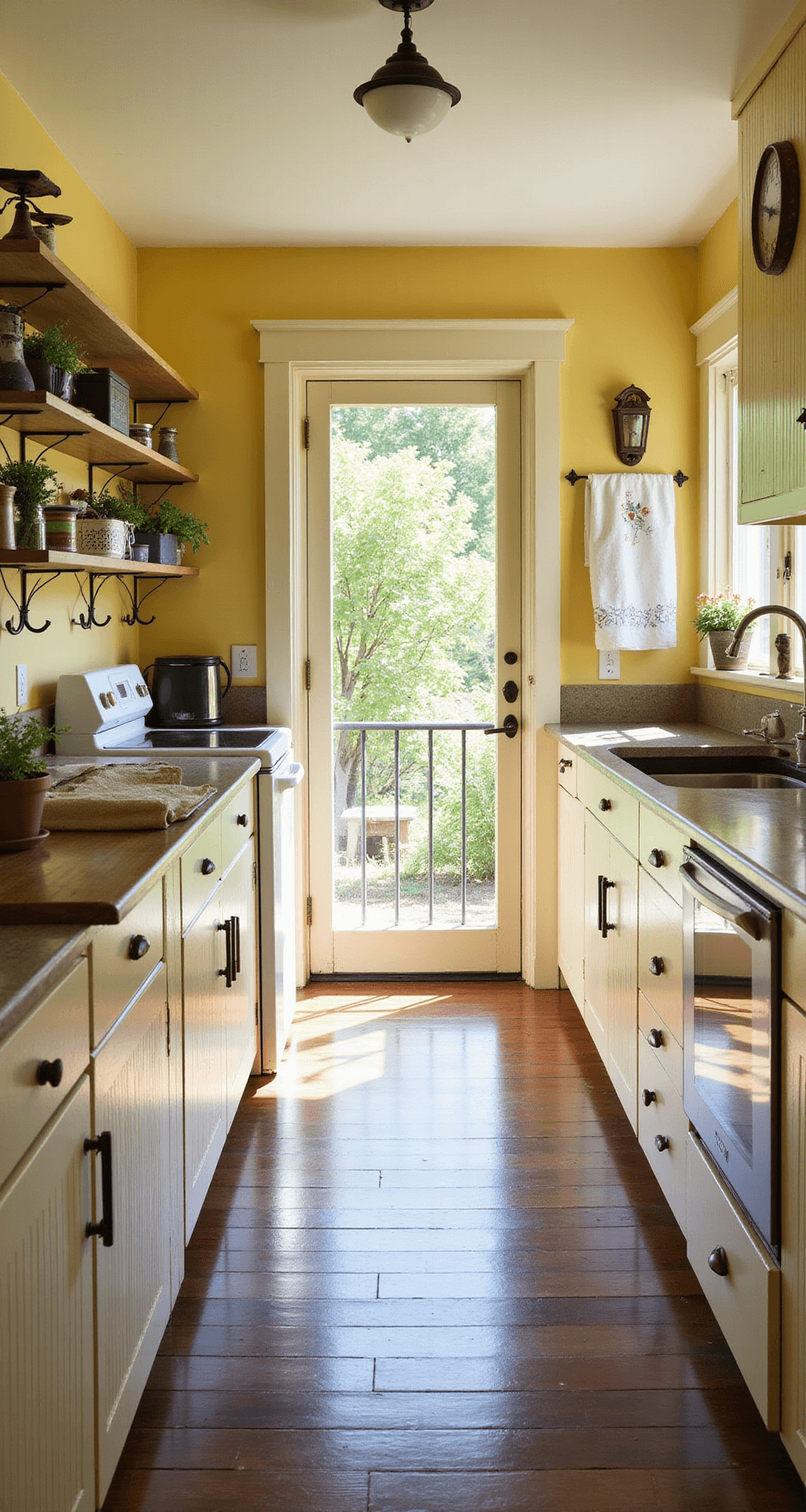 Grandmacore Kitchen: Bringing Nostalgic Warmth to Modern Cooking Spaces Galley-style kitchen with buttery yellow walls and cream cabinets, featuring vintage scales on open shelving, hand-embroidered tea towels, a salvaged screen door to an herb garden, and antique cookie tins in upper cabinets, all illuminated by warm late afternoon light.