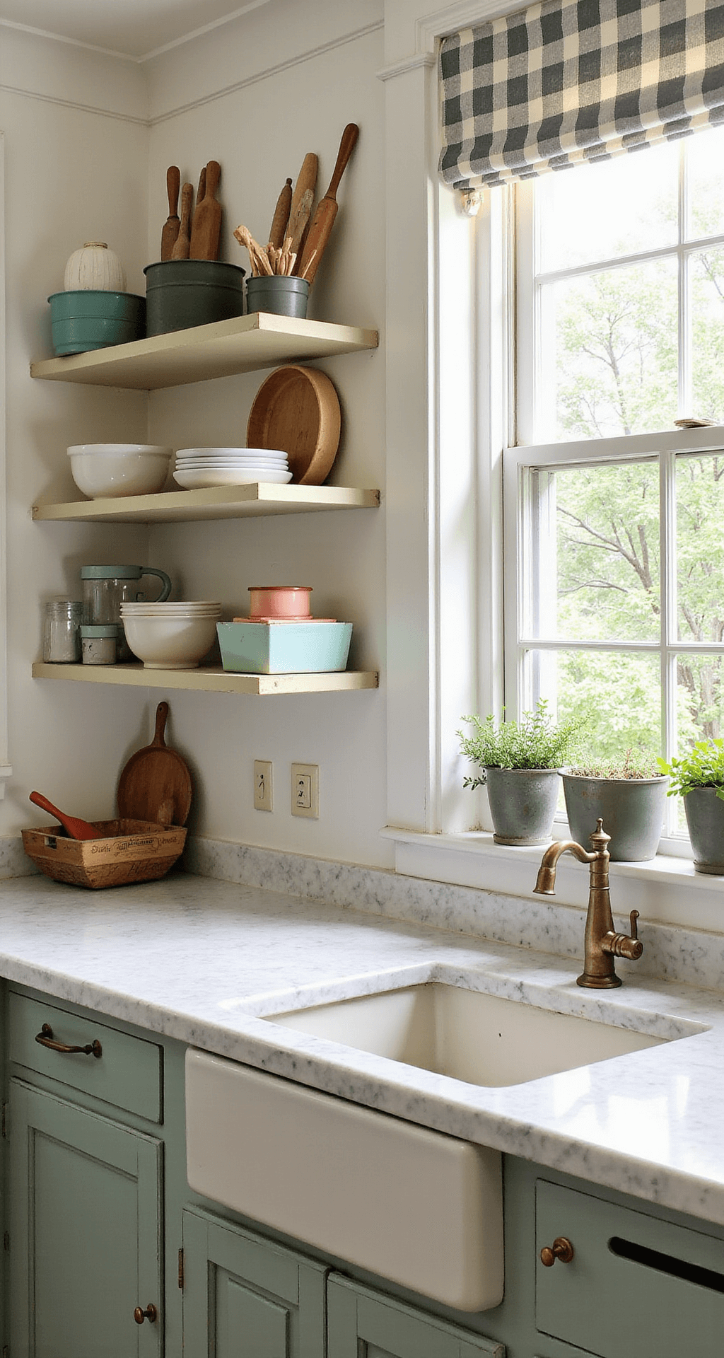 Grandmacore Kitchen: Bringing Nostalgic Warmth to Modern Cooking Spaces A cozy kitchen filled with honeyed midday light, featuring a marble-topped baking station at the center, vintage pastel bread boxes on open shelving, pottery mixing bowls, hanging rolling pins above a restored Hoosier cabinet, and herbs growing in vintage tin planters on the windowsill.