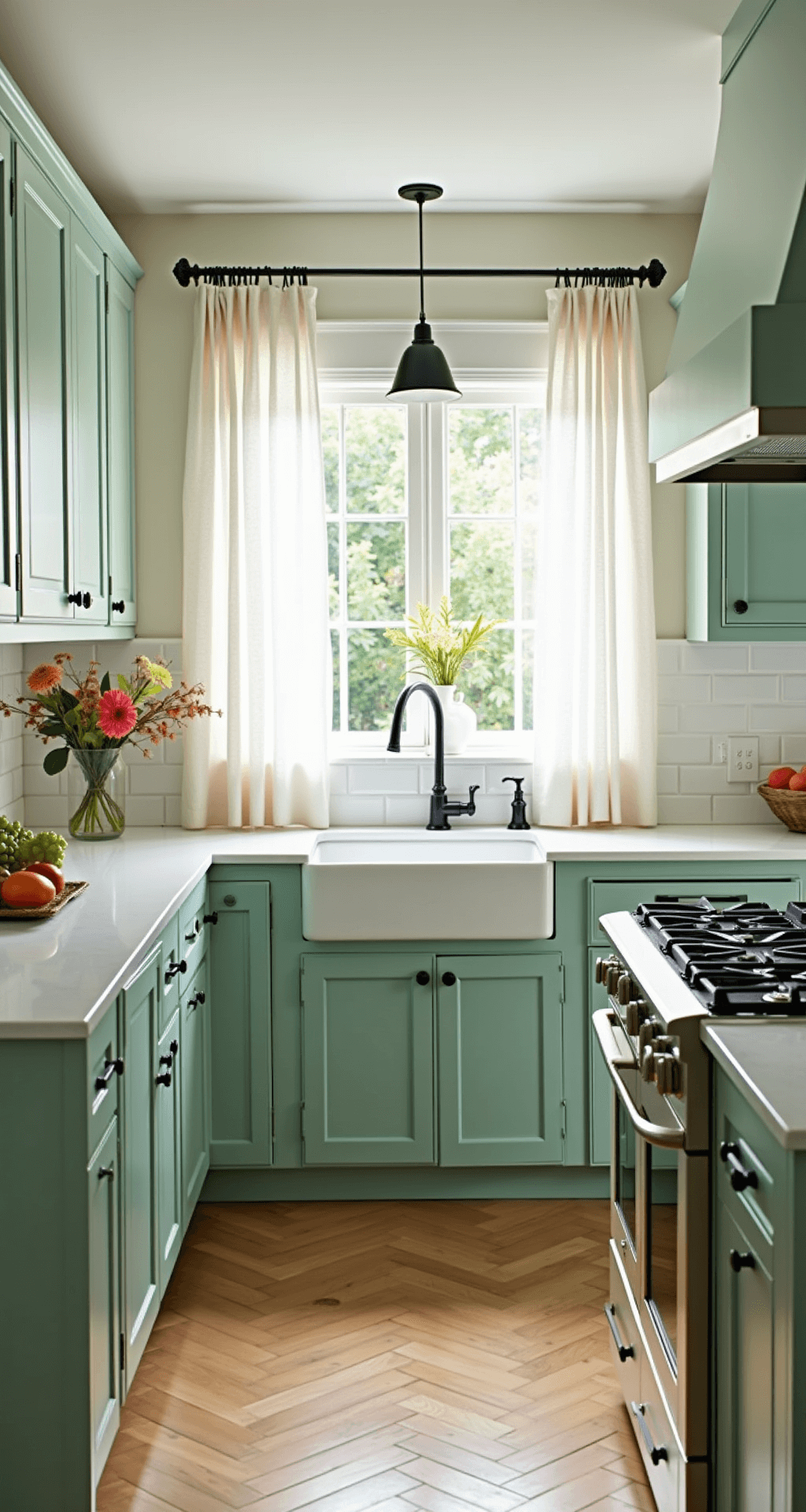 Light Green Kitchen Cabinets: The Ultimate Guide to Refreshing Your Kitchen Space Bright mint green kitchen with white oak herringbone floors, vintage cream range, and fresh flowers, illuminated by morning light filtering through sheer curtains.