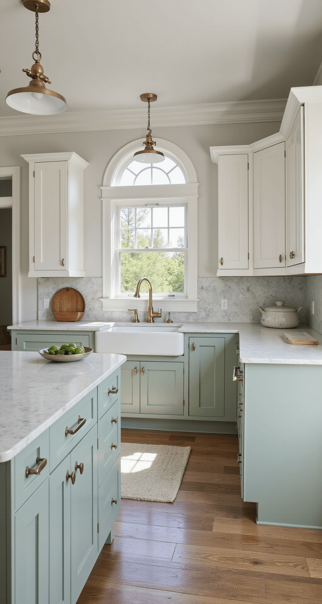 Light Green Kitchen Cabinets: The Ultimate Guide to Refreshing Your Kitchen Space L-shaped kitchen featuring light sage lower cabinets and white upper cabinets, with a marble backsplash and mixed metal finishes, viewed from the entrance under mid-afternoon lighting, showcasing organic countertop styling.