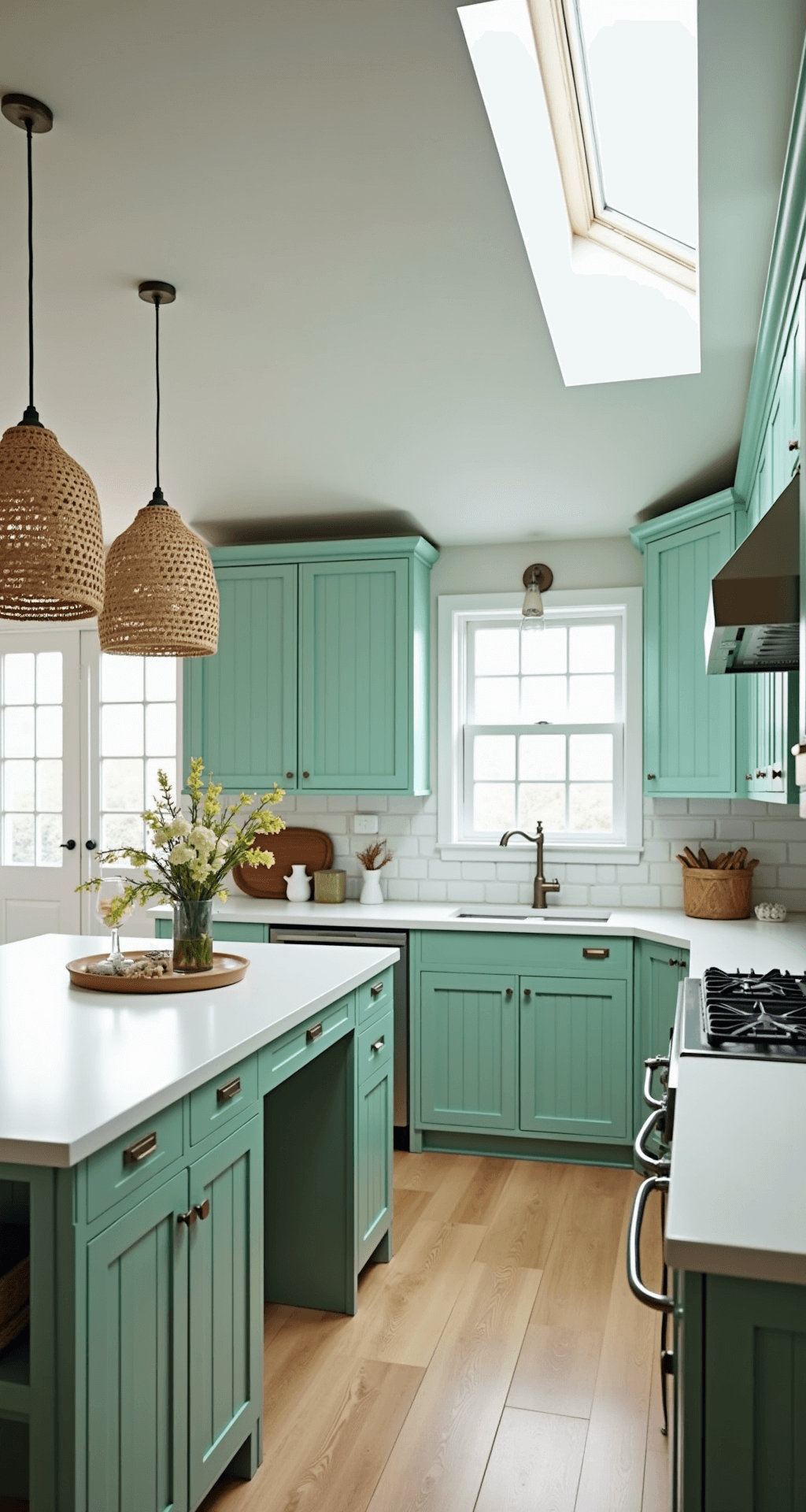 Light Green Kitchen Cabinets: The Ultimate Guide to Refreshing Your Kitchen Space Bright coastal kitchen with vaulted ceiling, skylight, sea-glass green cabinets, white quartz countertops, and woven pendant lights, showcasing a fresh coastal palette and textural elements.