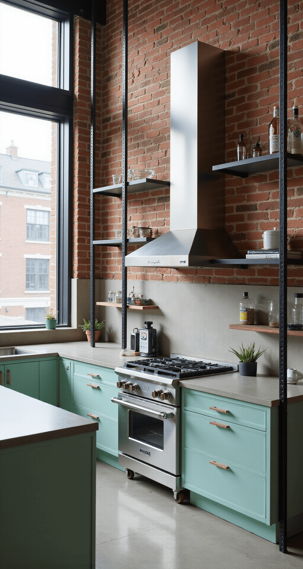 Light Green Kitchen Cabinets: The Ultimate Guide to Refreshing Your Kitchen Space Contemporary open-concept kitchen featuring mint green cabinets and exposed brick wall, illuminated by afternoon light streaming through industrial windows. Stainless steel appliances, concrete countertops, and a black metal open shelving system create a striking contrast. The image captures the layout from a slight elevation, highlighting strong geometric lines and the interplay between soft and industrial elements.
