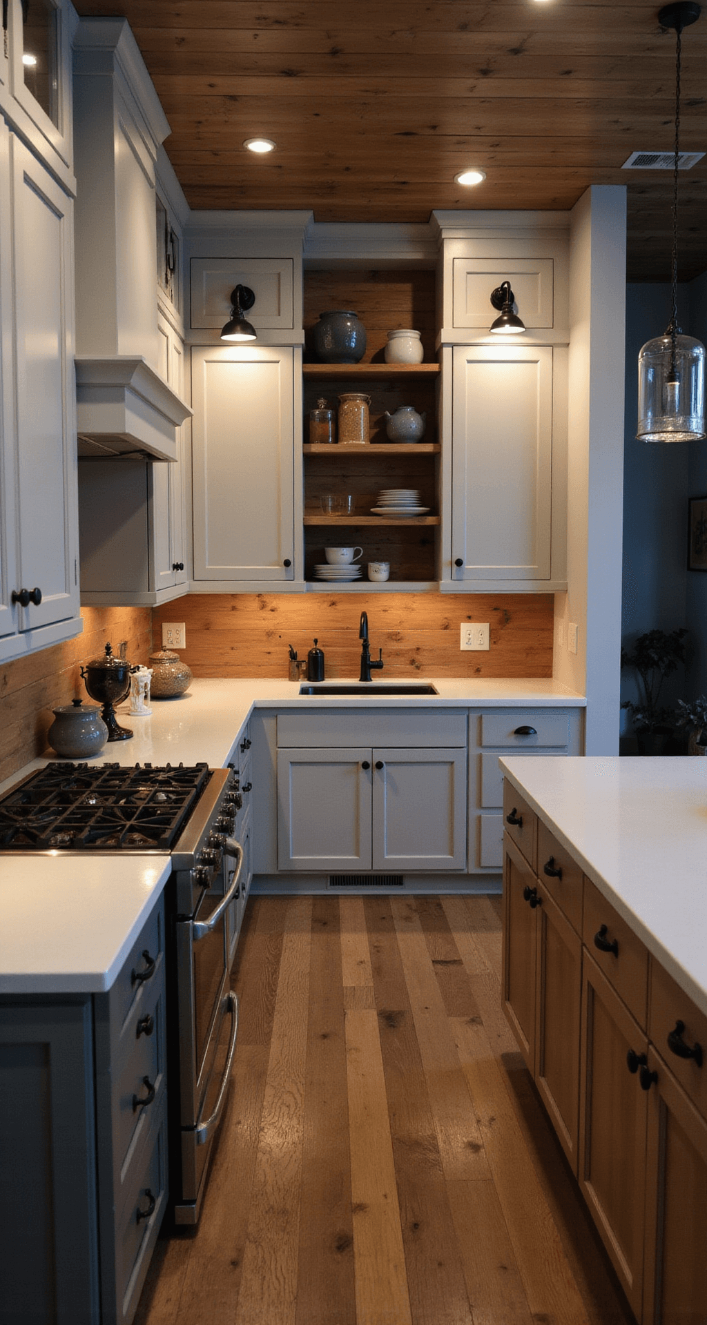 Rustic Kitchen Cabinets: Transform Your Cooking Space with Timeless Charm A cozy kitchen space during blue hour, featuring two-tone cabinets with chalk-white upper and natural pine lower cabinets, illuminated by warm iron lantern sconces. Open shelving holds artisanal pottery, while wide-plank oak flooring enhances the warmth. The scene captures dramatic shadows and highlights, showcasing rich textures at a 45-degree angle from the corner.