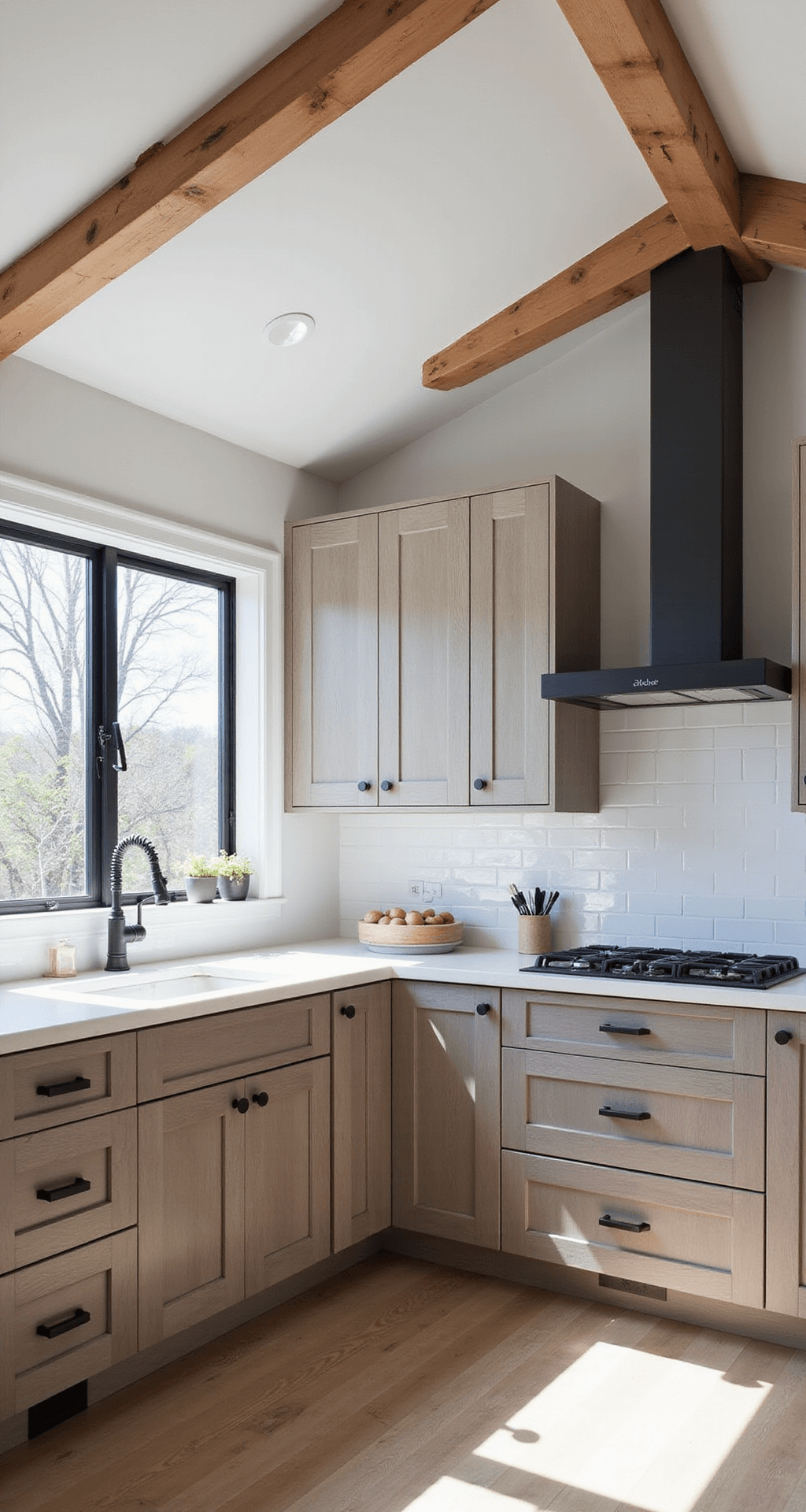Rustic Kitchen Cabinets: Transform Your Cooking Space with Timeless Charm Sun-drenched modern rustic kitchen with vaulted ceiling, exposed wooden beams, weathered grey oak cabinets, and white marble countertops, illuminated by floor-to-ceiling windows.