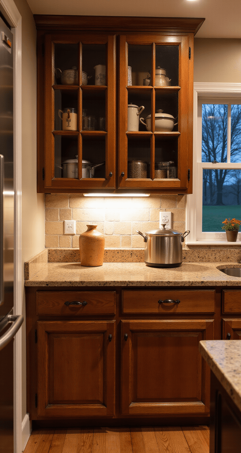 Rustic Kitchen Cabinets: Transform Your Cooking Space with Timeless Charm A cozy farmhouse kitchen at dusk featuring solid cherry wood cabinets, stone countertops in earthy browns, and vintage brass hardware, with glass-front upper cabinets showcasing cookware, all illuminated by a mix of natural and soft artificial light.
