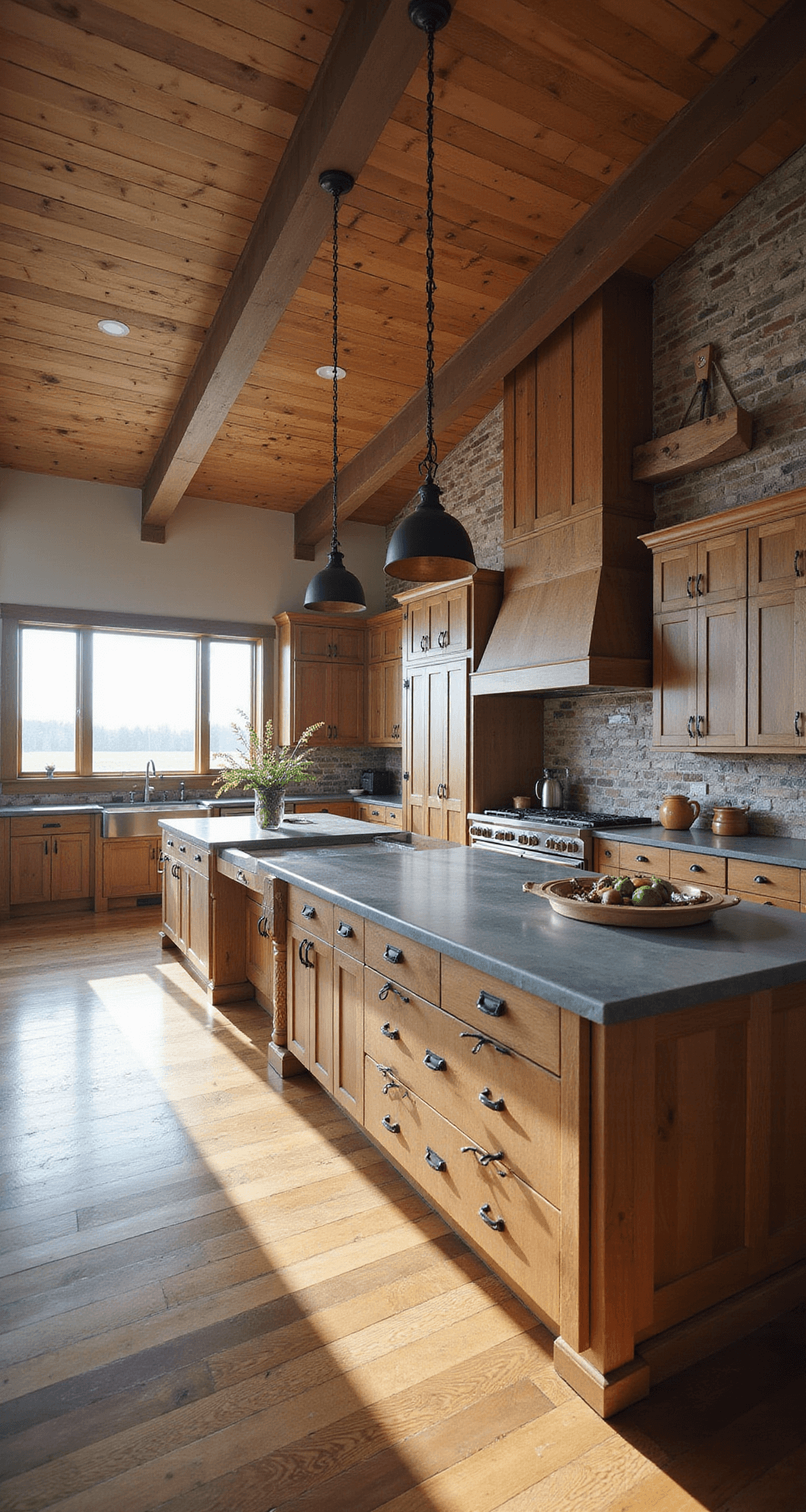Rustic Kitchen Cabinets: Transform Your Cooking Space with Timeless Charm Expansive open-concept kitchen with distressed alder wood cabinets, a floor-to-ceiling pantry with barn-style sliding doors, industrial pendant lighting, zinc countertops, and a reclaimed brick backsplash, all illuminated by morning light.