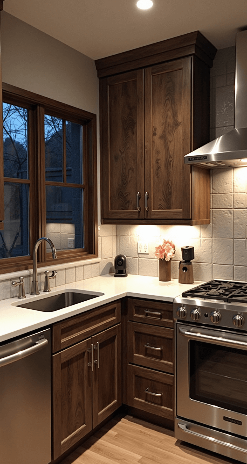 Rustic Kitchen Cabinets: Transform Your Cooking Space with Timeless Charm A contemporary rustic kitchen at twilight featuring sleek walnut cabinets with subtle distressing, hidden LED underlighting, integrated handles, and waterfall quartz countertops, viewed from an adjacent living space showcasing modern-rustic fusion with mixed lighting.