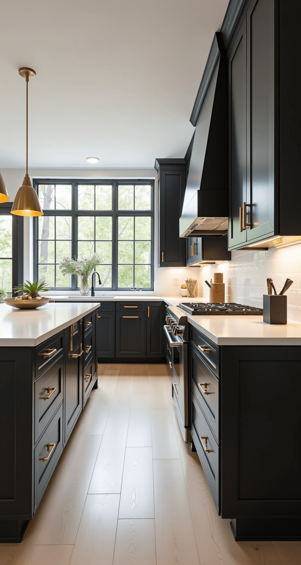 Dark Grey Kitchen Cabinets: Transform Your Space with Sophisticated Elegance A contemporary kitchen featuring Newcastle Charcoal cabinets, Pure White quartz countertops, a center island with waterfall edges, brushed gold pendant lights, matte black appliances, and wide-plank white oak flooring, illuminated by morning light from floor-to-ceiling windows.