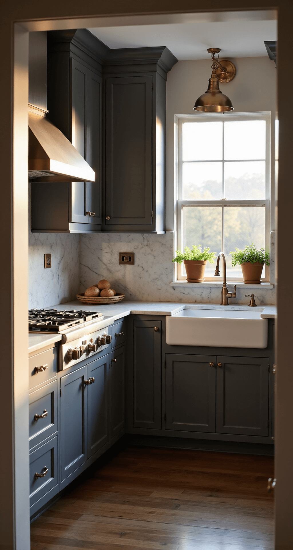 Dark Grey Kitchen Cabinets: Transform Your Space with Sophisticated Elegance Intimate kitchen with dark grey cabinets and marble countertops, illuminated by warm golden hour light. Vintage brass sconces, custom range hood, and white farmhouse sink accentuate the refined atmosphere, while fresh herbs in copper pots adorn the windowsill. Soft shadows add to the romantic mood.