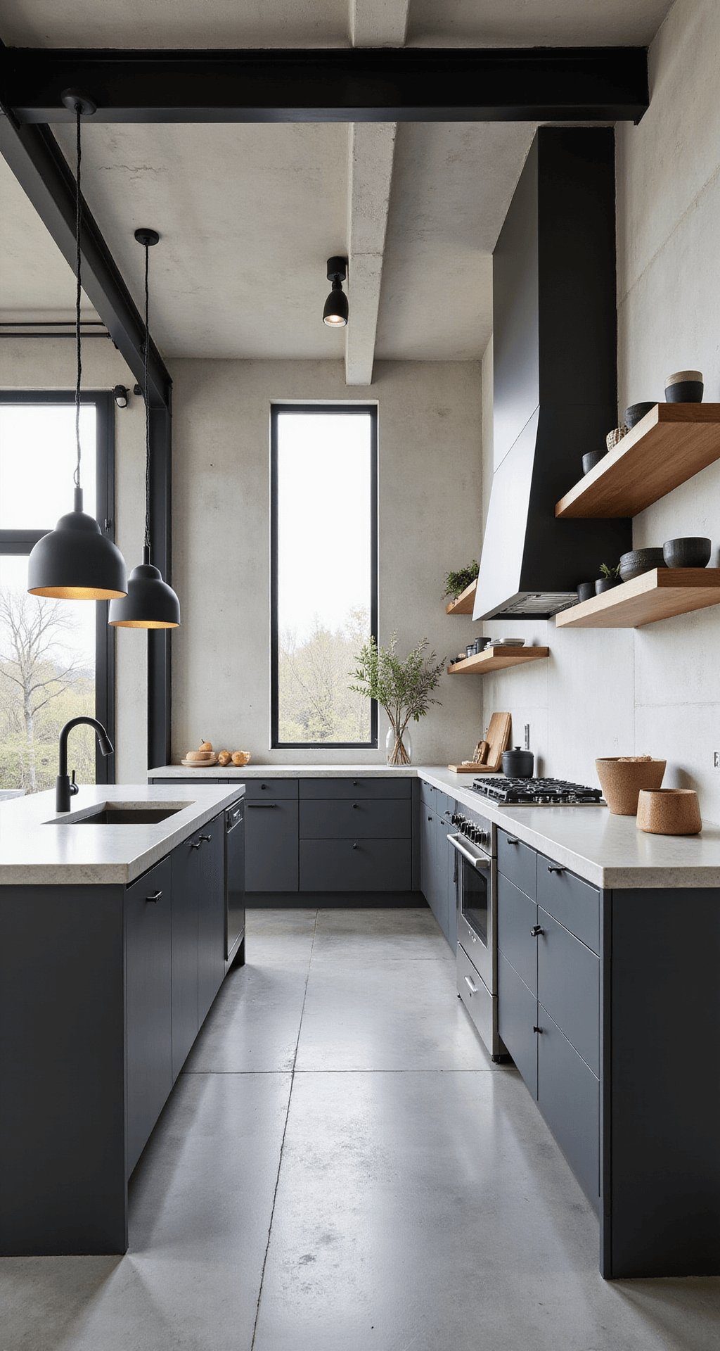 Dark Grey Kitchen Cabinets: Transform Your Space with Sophisticated Elegance Modern L-shaped kitchen featuring slate grey shaker cabinets, concrete-look quartz counters, and industrial elements like matte black pendant lights and black steel-framed windows, with minimalist pottery on floating wooden shelves and large format grey porcelain tiles, captured in overcast daylight for an architectural precision.