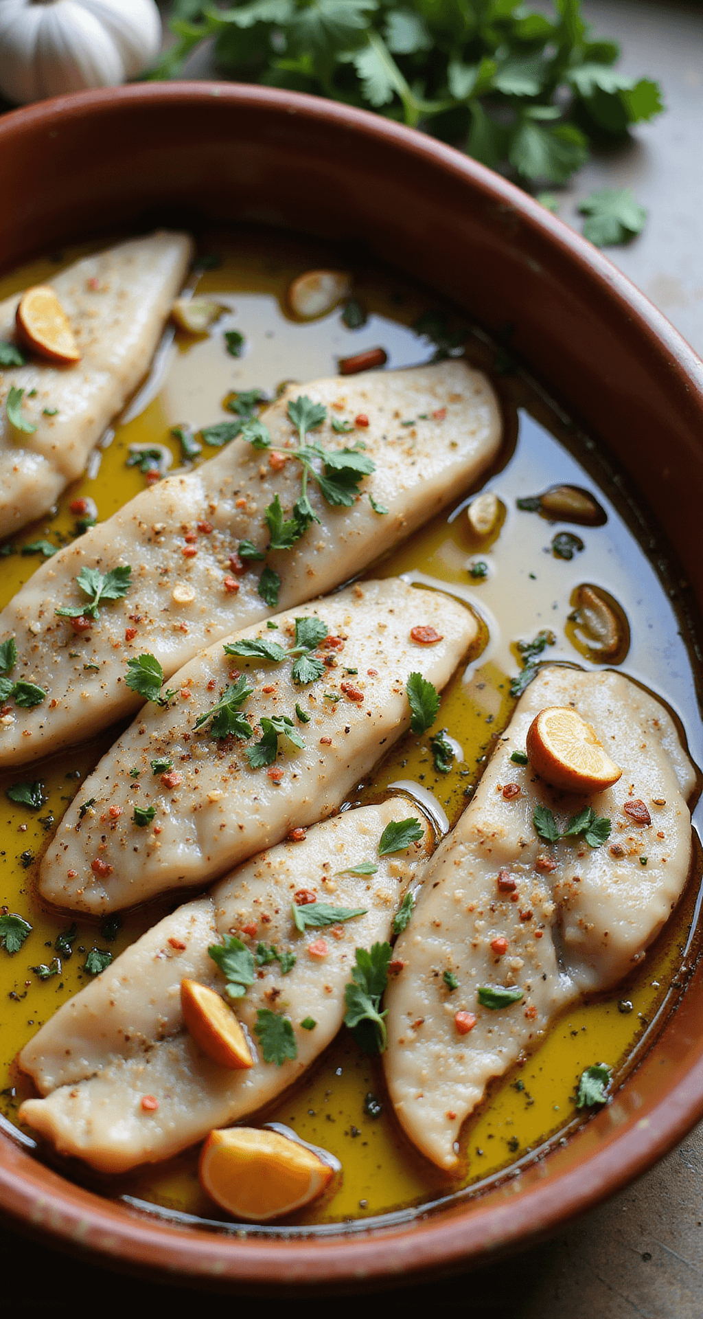 BAKED GROUPER WITH TOMATOES AND OLIVES: A MEDITERRANEAN DELIGHT Close-up of seasoned grouper fillets in a rustic ceramic dish, with whole garlic cloves and fresh herbs, illuminated by natural window light.