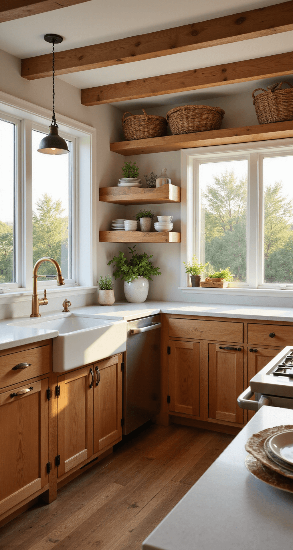 Hickory Kitchen Cabinets: Bringing Natural Warmth to Your Culinary Space Sun-drenched modern farmhouse kitchen featuring honey-toned hickory cabinets, white quartz waterfall island, and aged brass accents, with large windows and exposed beams. Rustic decor includes ceramic vessels with herbs and woven baskets, shot from a corner angle.